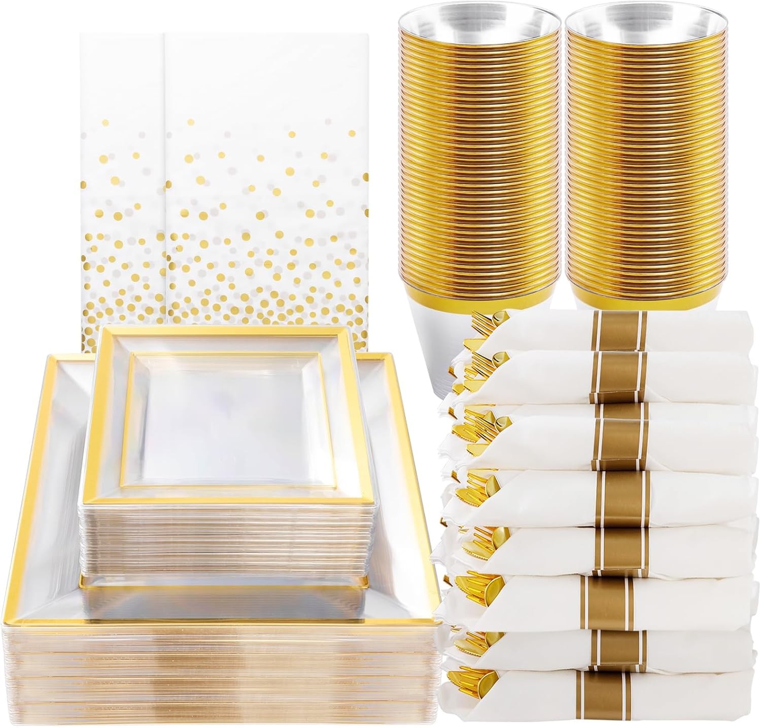 Goodluck 352 Pieces Clear Gold Dinnerware Set for 50 Guests, Clear Square Plas