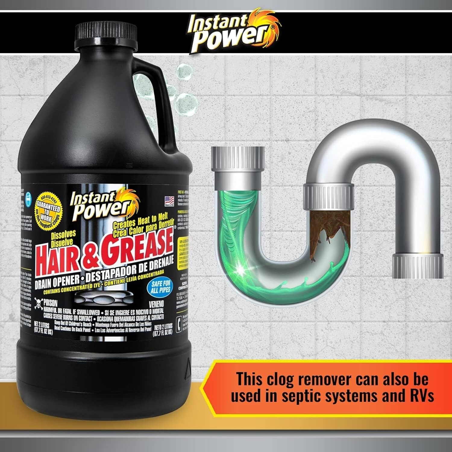 Instant Power Hair and Grease Drain Opener, Liquid Clog Opener – 67.7oz (2L)