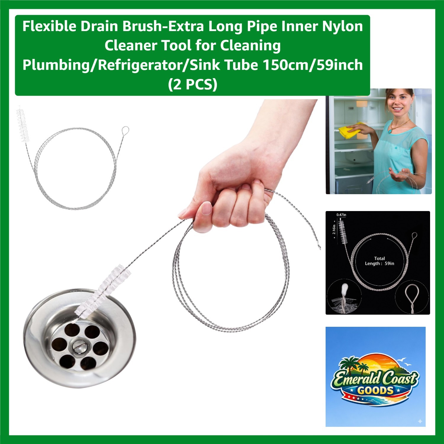 Multifunctional Flexible Drain Brush – 59 in Stainless Steel & Nylon Dual Set