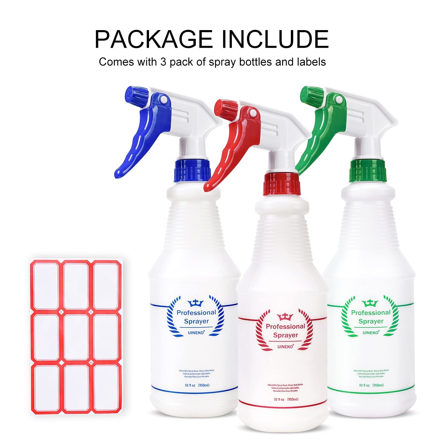 3 Pack Heavy Duty Plastic Spray Bottles 32 Oz – Leak Proof, Adjustable Nozzle fo