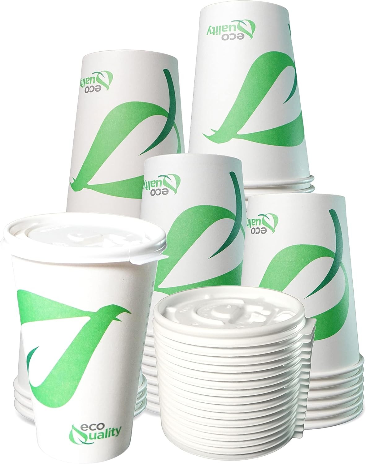EcoQuality 16 oz Compostable Paper Cups with White Flat Lids – Biodegradable D