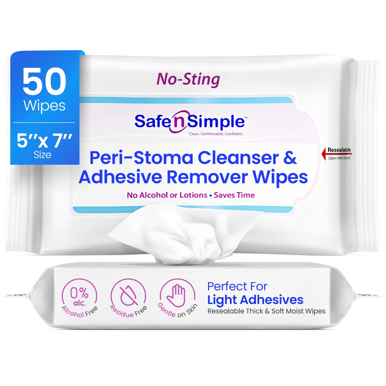 Safe n’ Simple Resealable Adhesive Remover Wipes for Skin 50 Large 5″x7″ No …