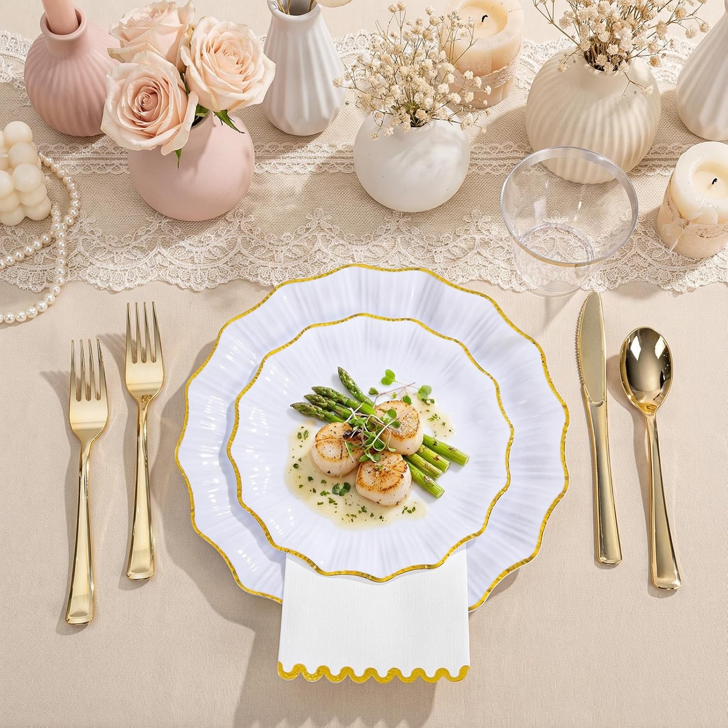 I00000 350 PCS White and Gold Plastic Plates for 50 Guests, Premium Scalloped