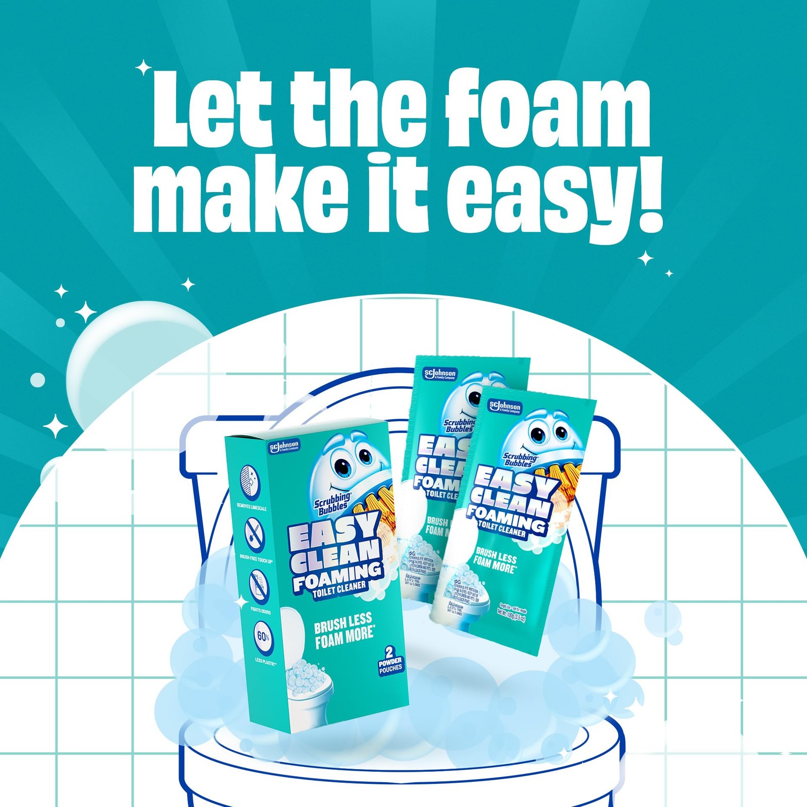 Easy Clean Foaming Toilet Bowl Cleaner Drop In Powder Pouches 100g 2 Pack