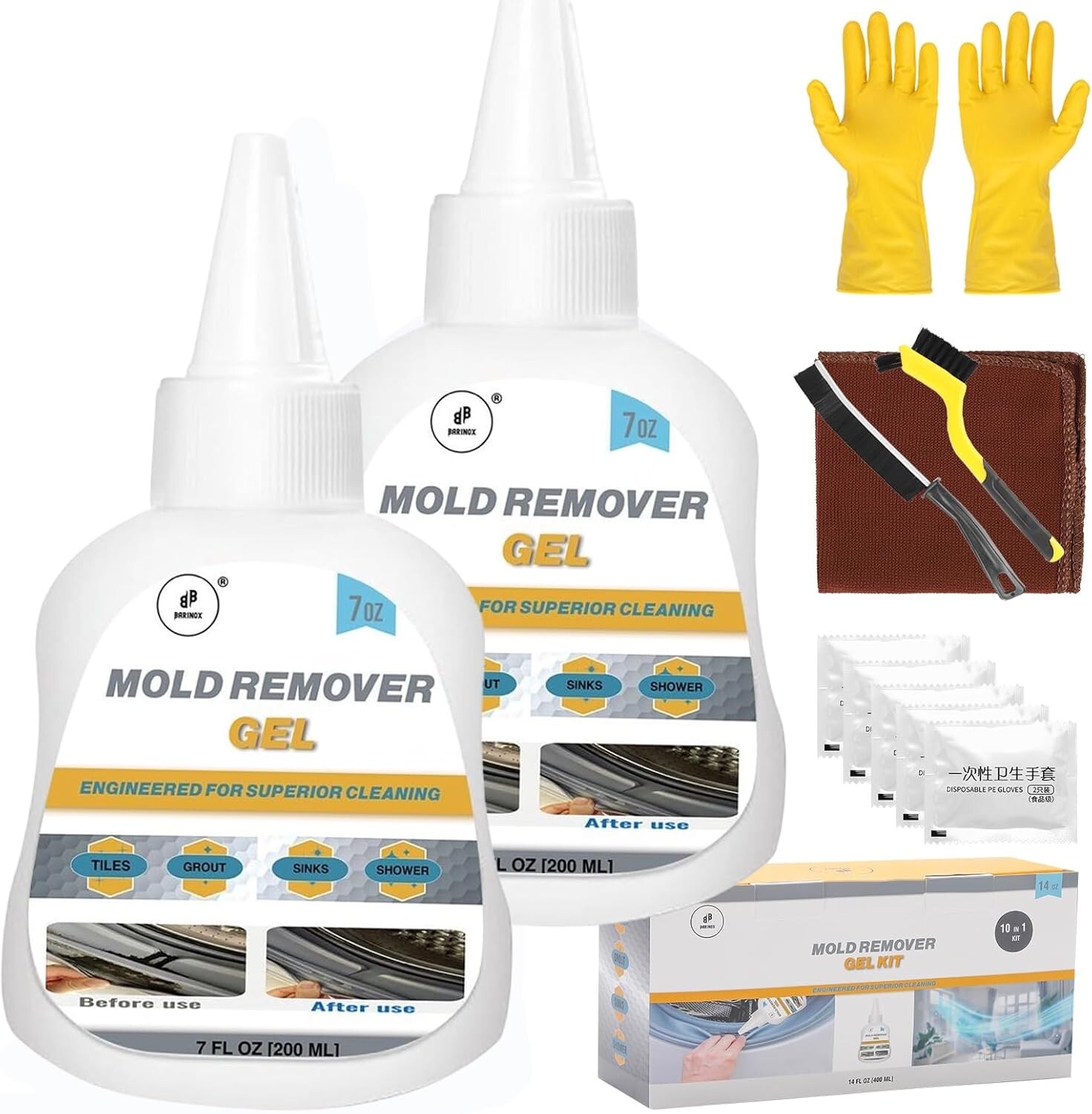 MOLD STAIN REMOVER GEL KIT 10 IN 1 POWERFUL CLEANER FOR GROUT, TILE, SHOWER SINK