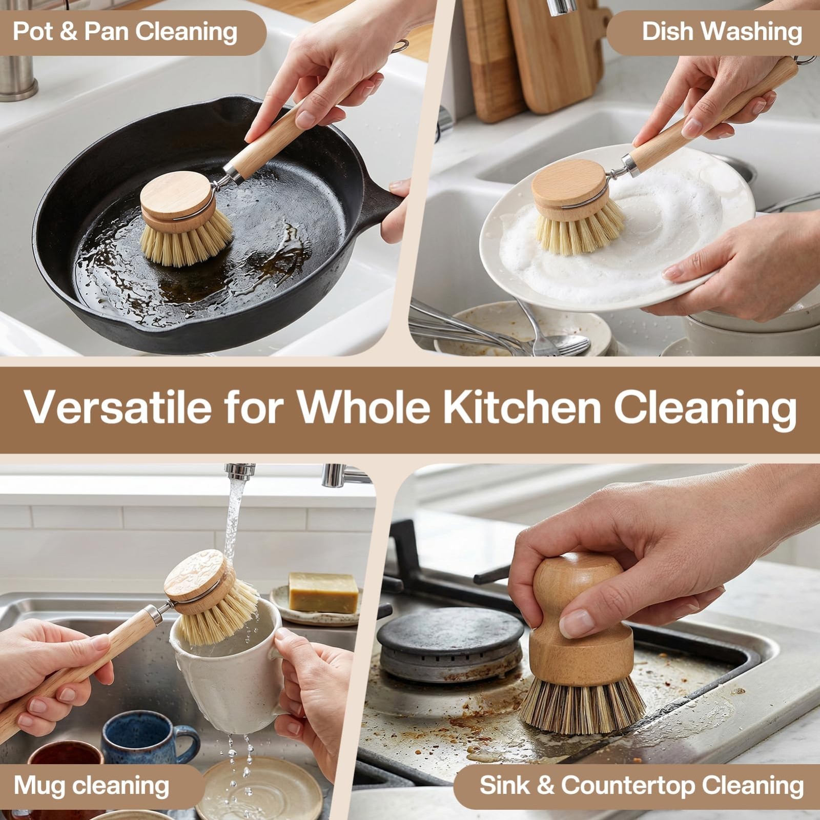 5 Pcs Bamboo Dish Brush Set – Wooden Handle, 3 Replaceable Bristle Heads & Wok S
