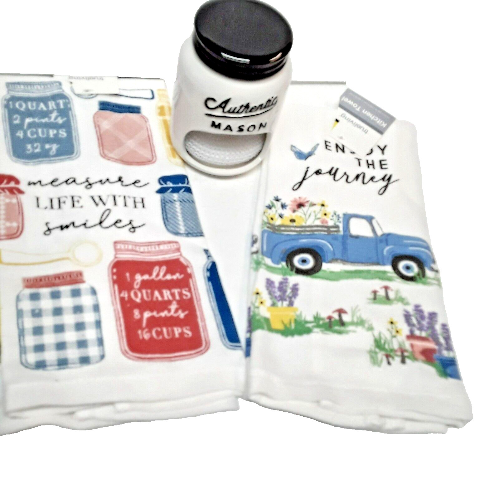 2 Cute Blue Truck and Cute SayingDish Towels Ceramic Scrub Pad Holder