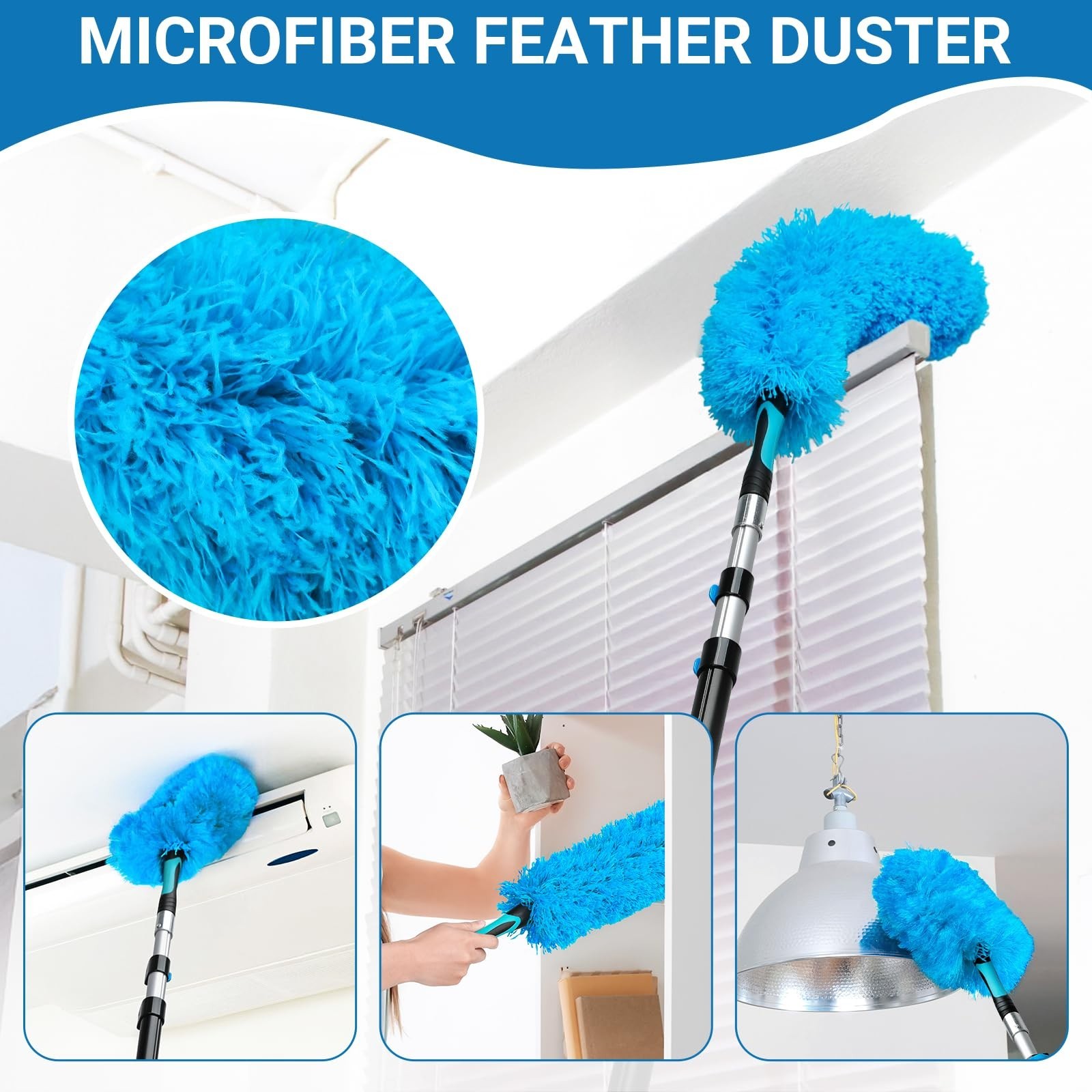20FT High Ceiling Fan Duster with 5-12FT Extendable Pole, Reusable Cobweb & Dust
