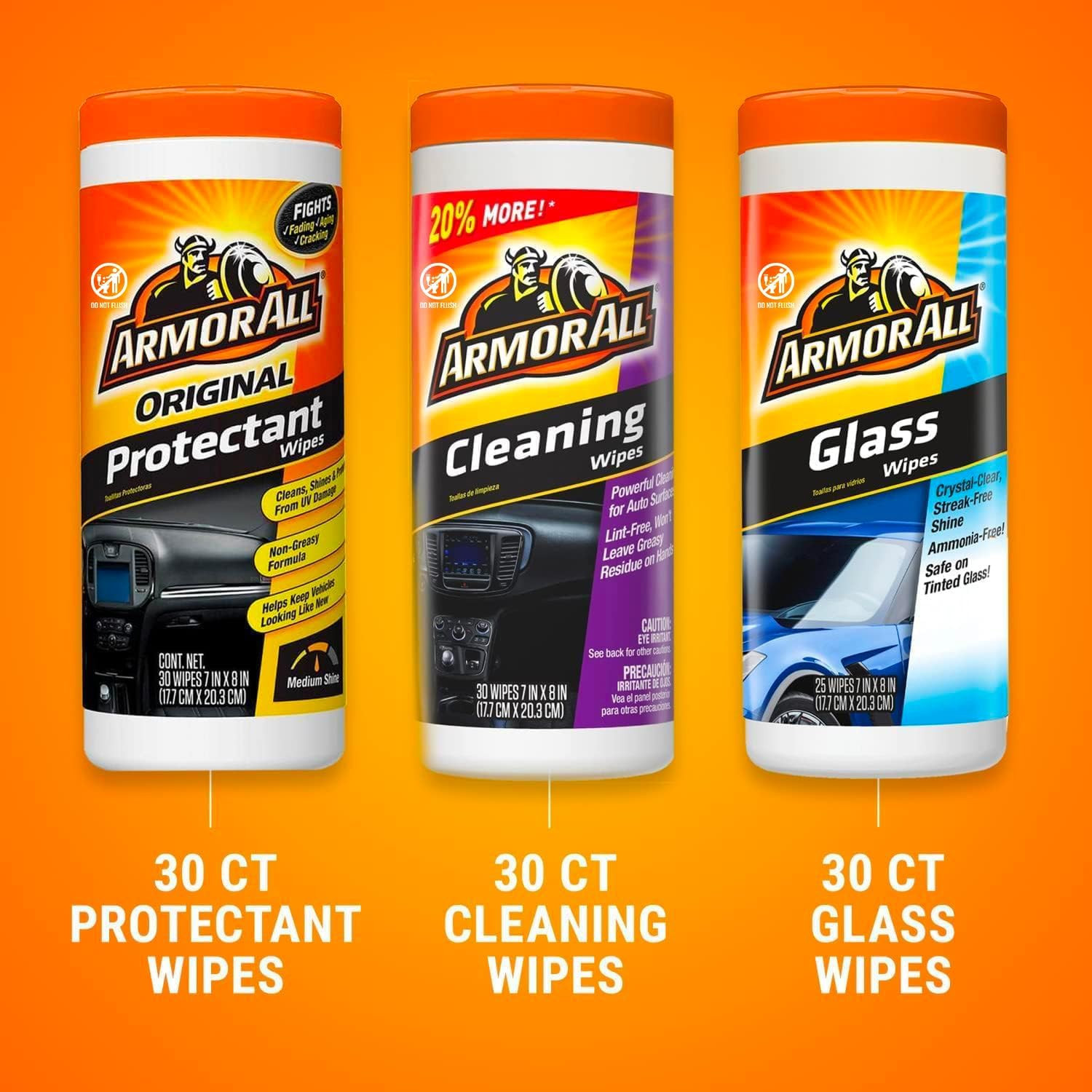 Protectant, Glass and Cleaning Wipes, Wipes for Car Interior and Car Exterior, 3