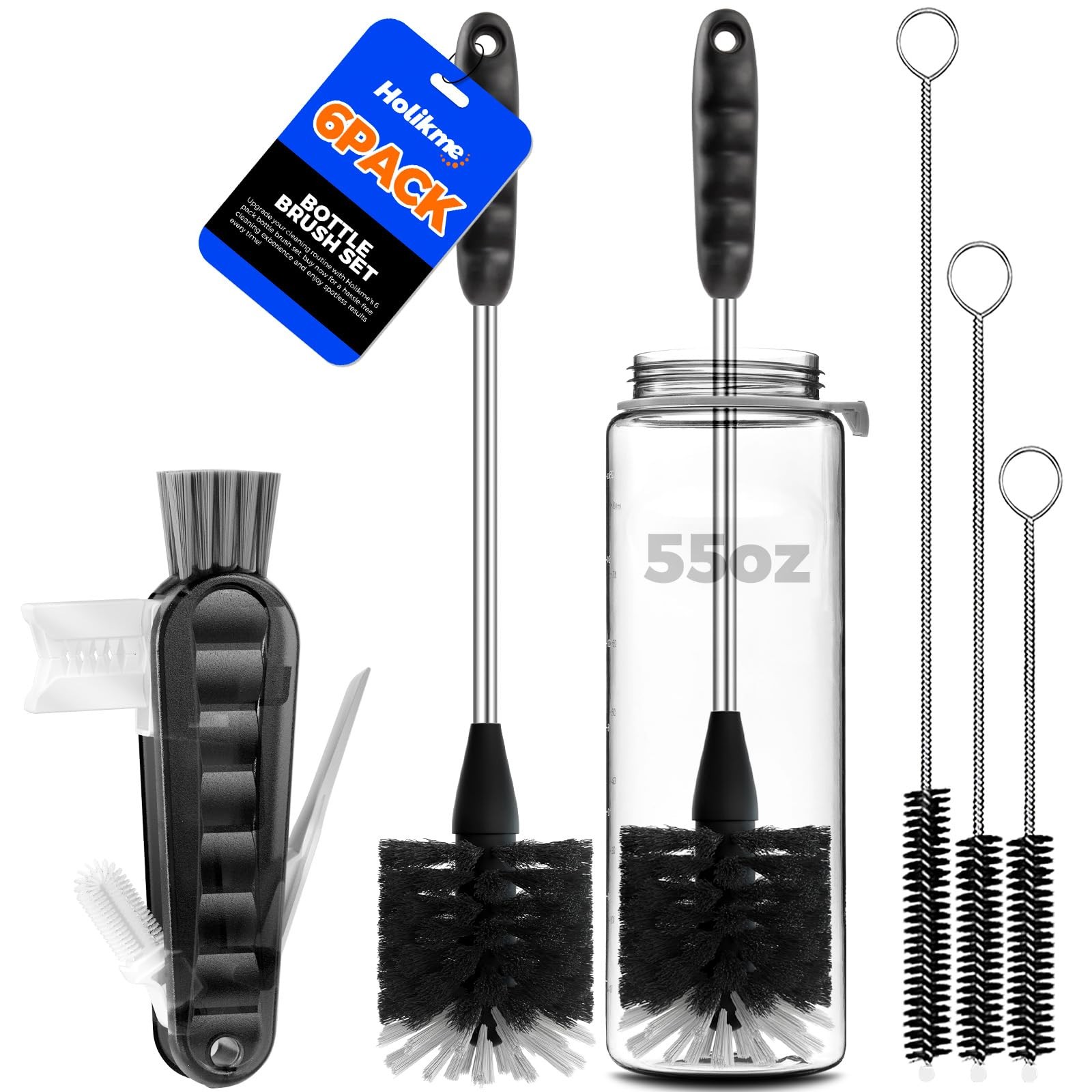 Holikme 6 Pack Bottle Brush Set, 14″ Long Handle Stainless Steel Bottle Cleaner
