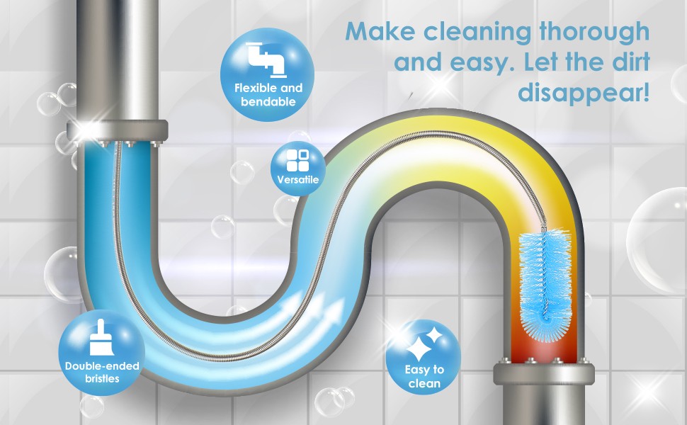 Flexible Drain Brush Set, Double Ended Long Hose Pipe Cleaner Pcs St