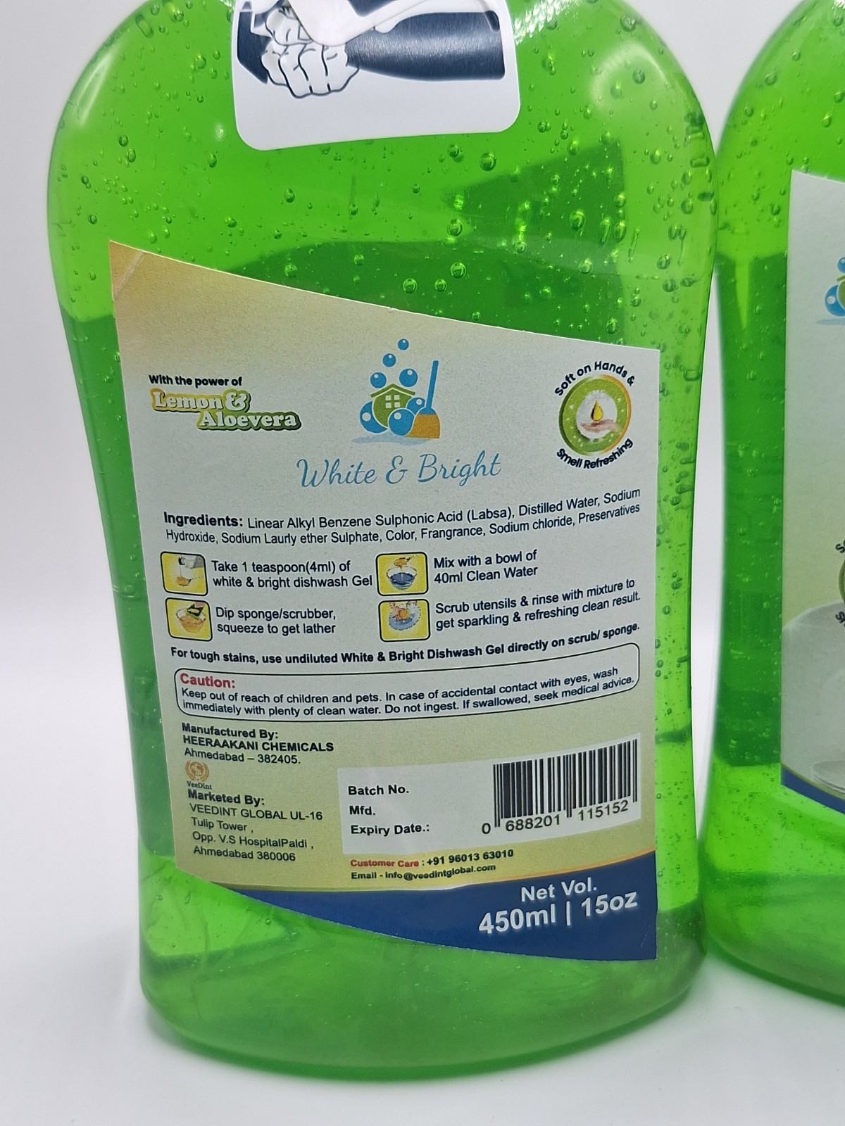 Lot of 2 White & Bright Dish Wash Liquid, 450ml/15oz