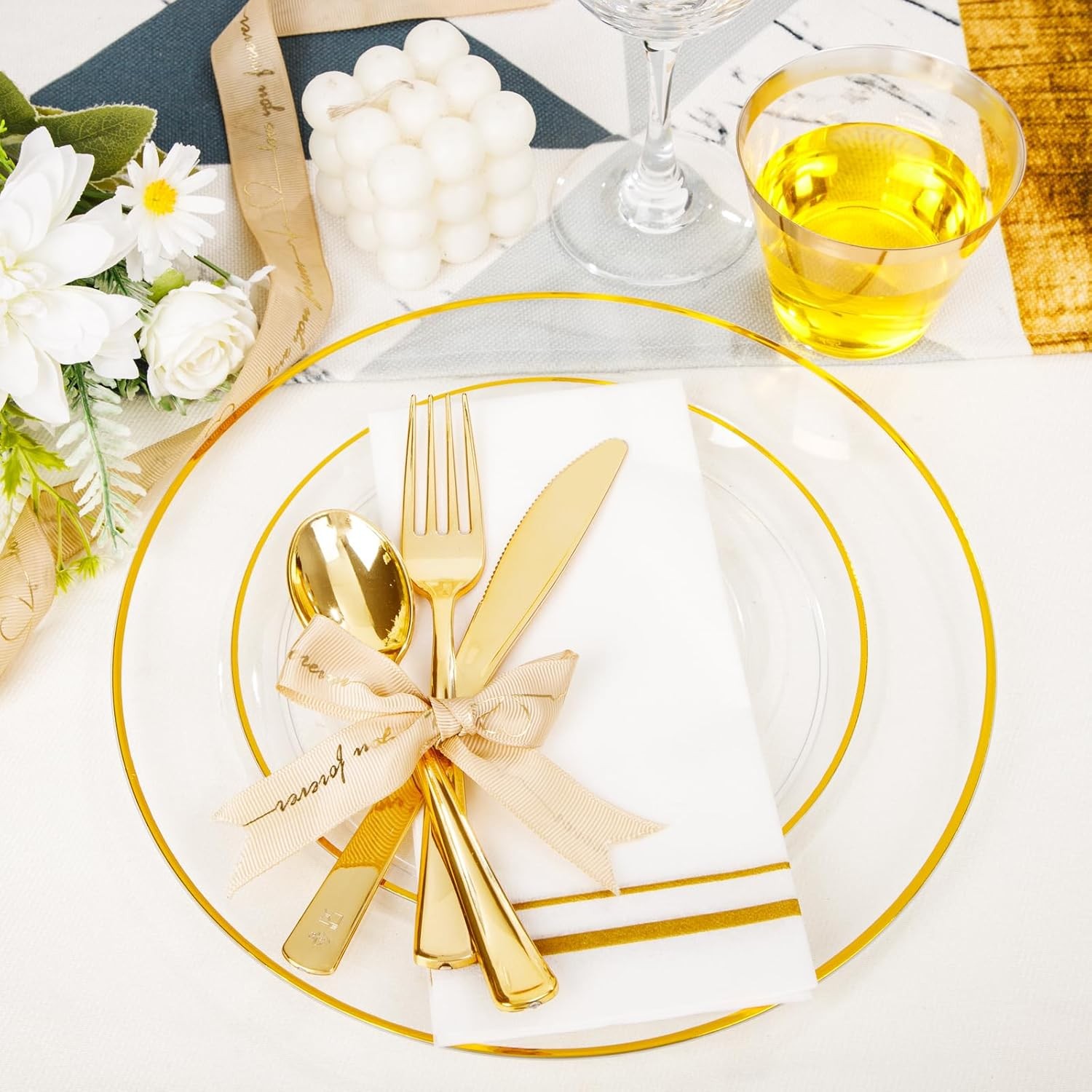 SUT 350Pcs Plastic Dinnerware Set for 50 Guests, Clear and Gold Plastic Plates