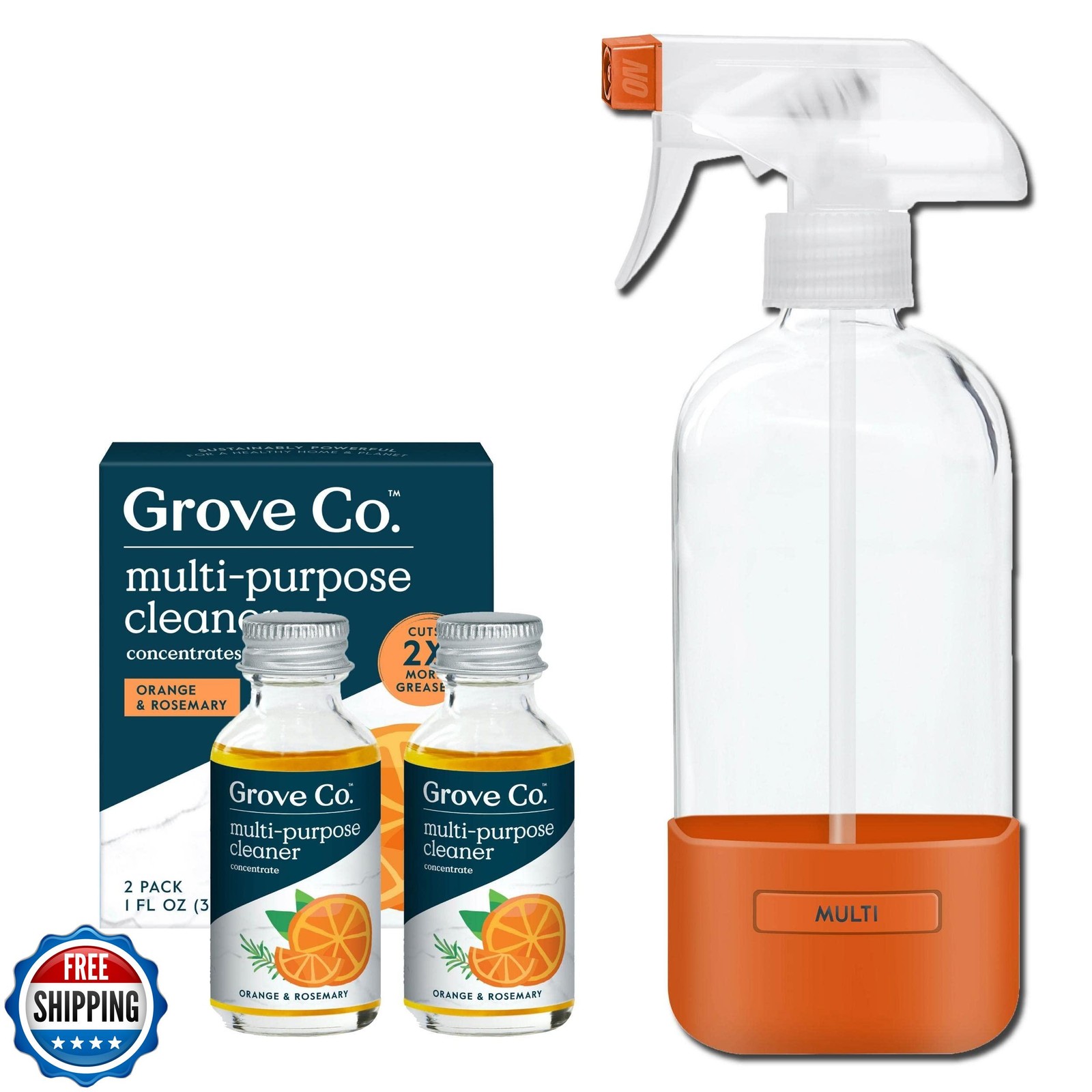 Grove Co. Multi-Purpose Cleaner, Refill Concentrate (2 x 1 Oz) + Glass Spray