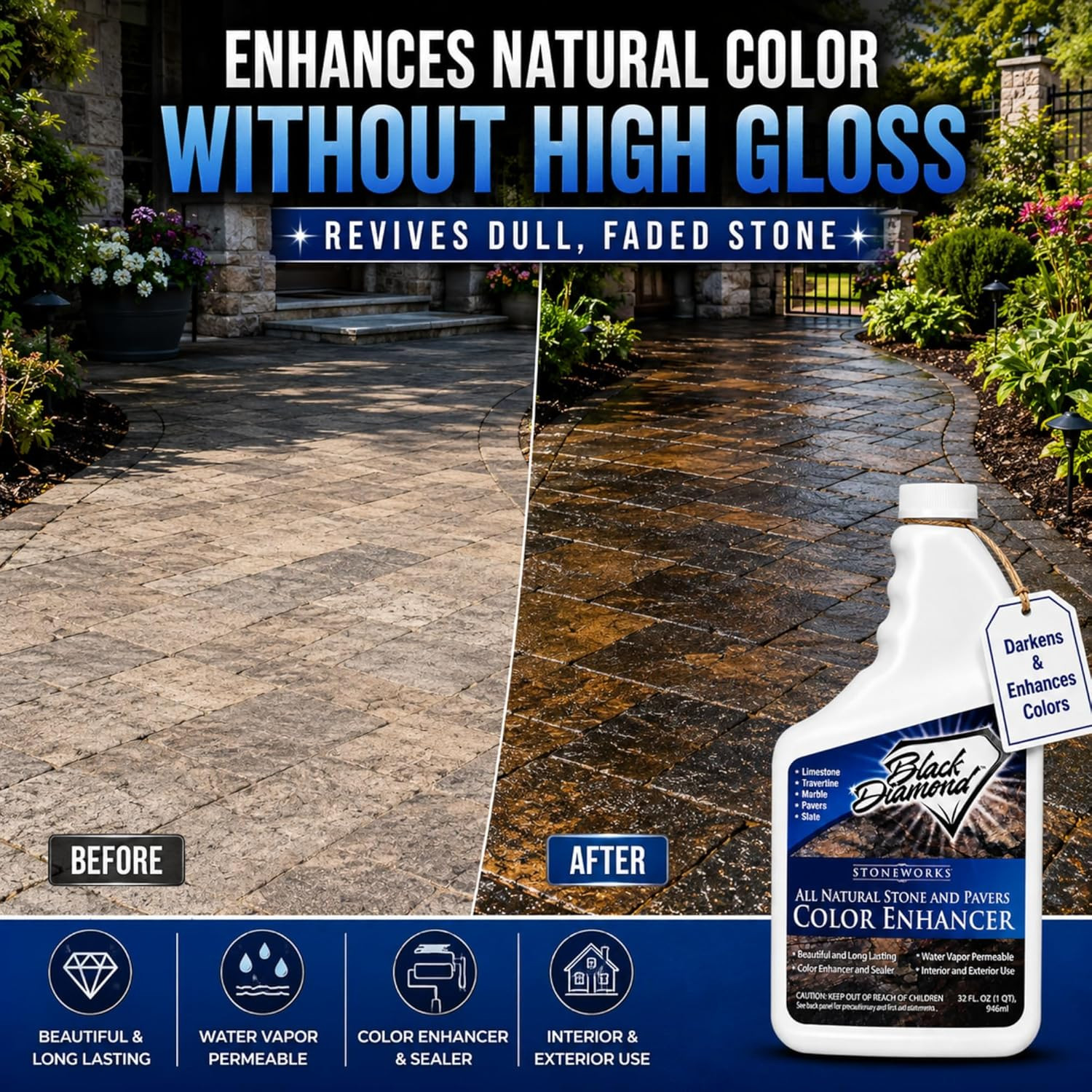 Color Enhancer Sealer for All-Natural Stone and Pavers. Marble, Travertine, Lime