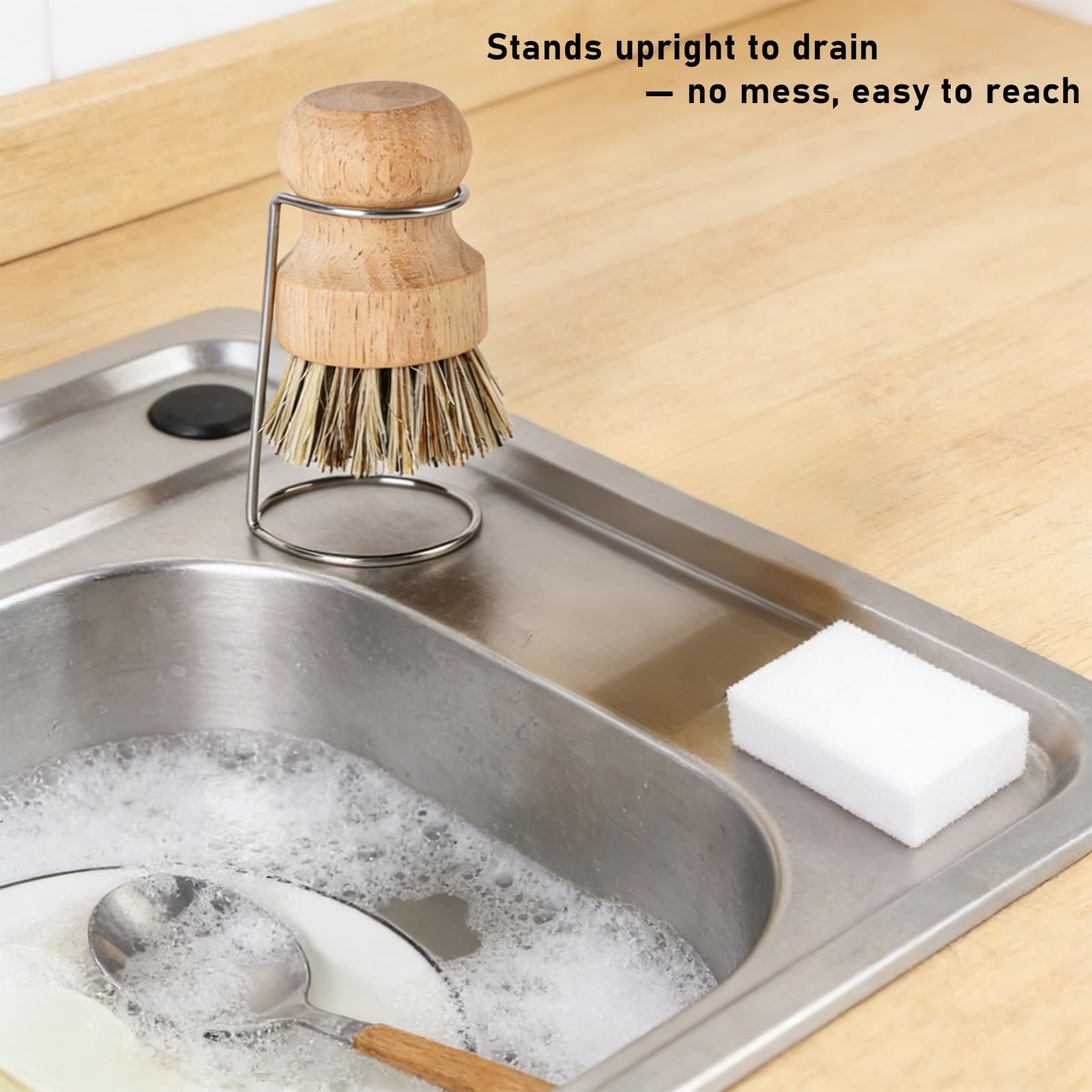Dish Brush Set with Holder, Natural Kitchen Dish Scrub Brushes with Drain Rac…