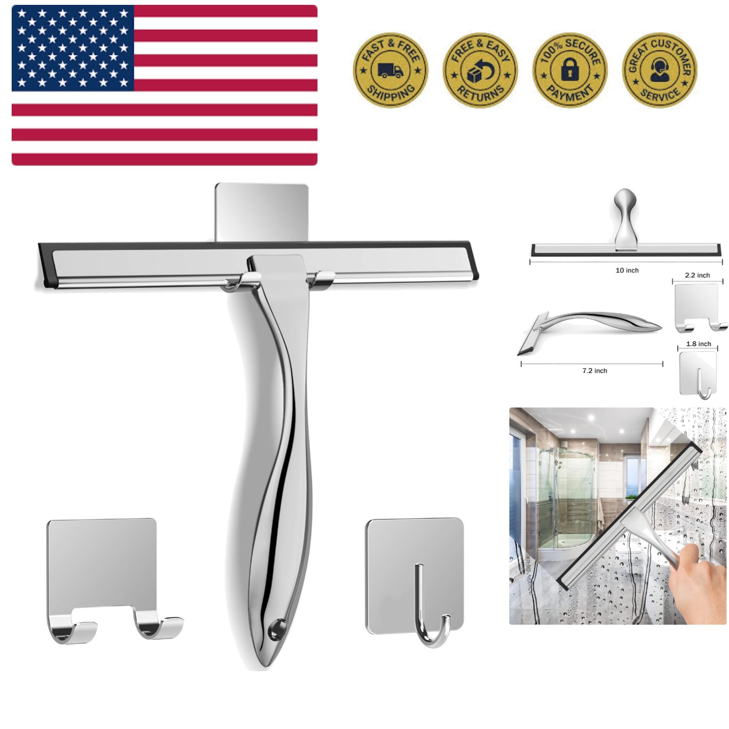 All-Purpose Stainless Steel Shower Squeegee for Shower Glass Door with 2 Adhe…