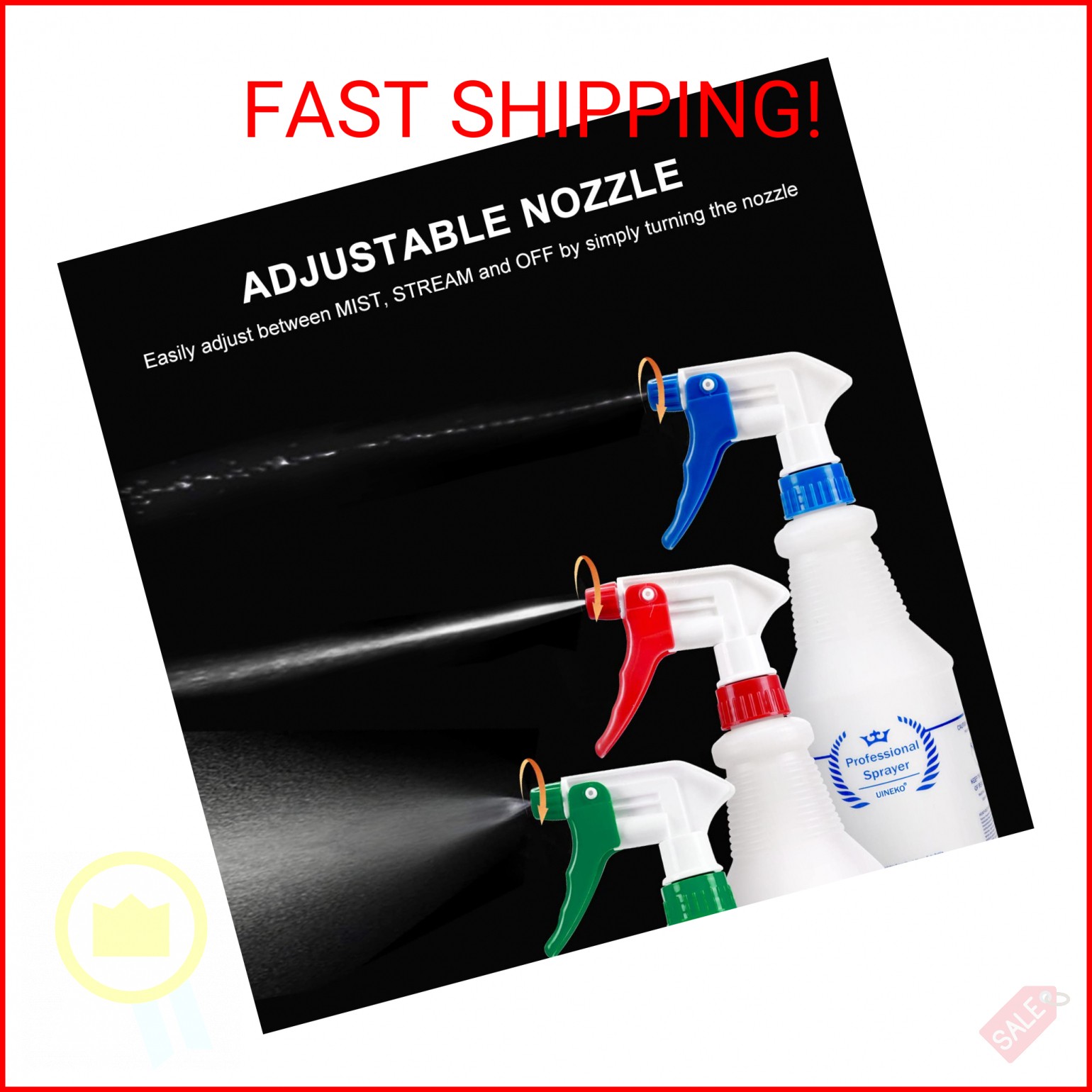 Uineko Plastic Spray Bottle (3 Pack, 24 Oz, 3 Colors) Heavy Duty All-Purpose Emp