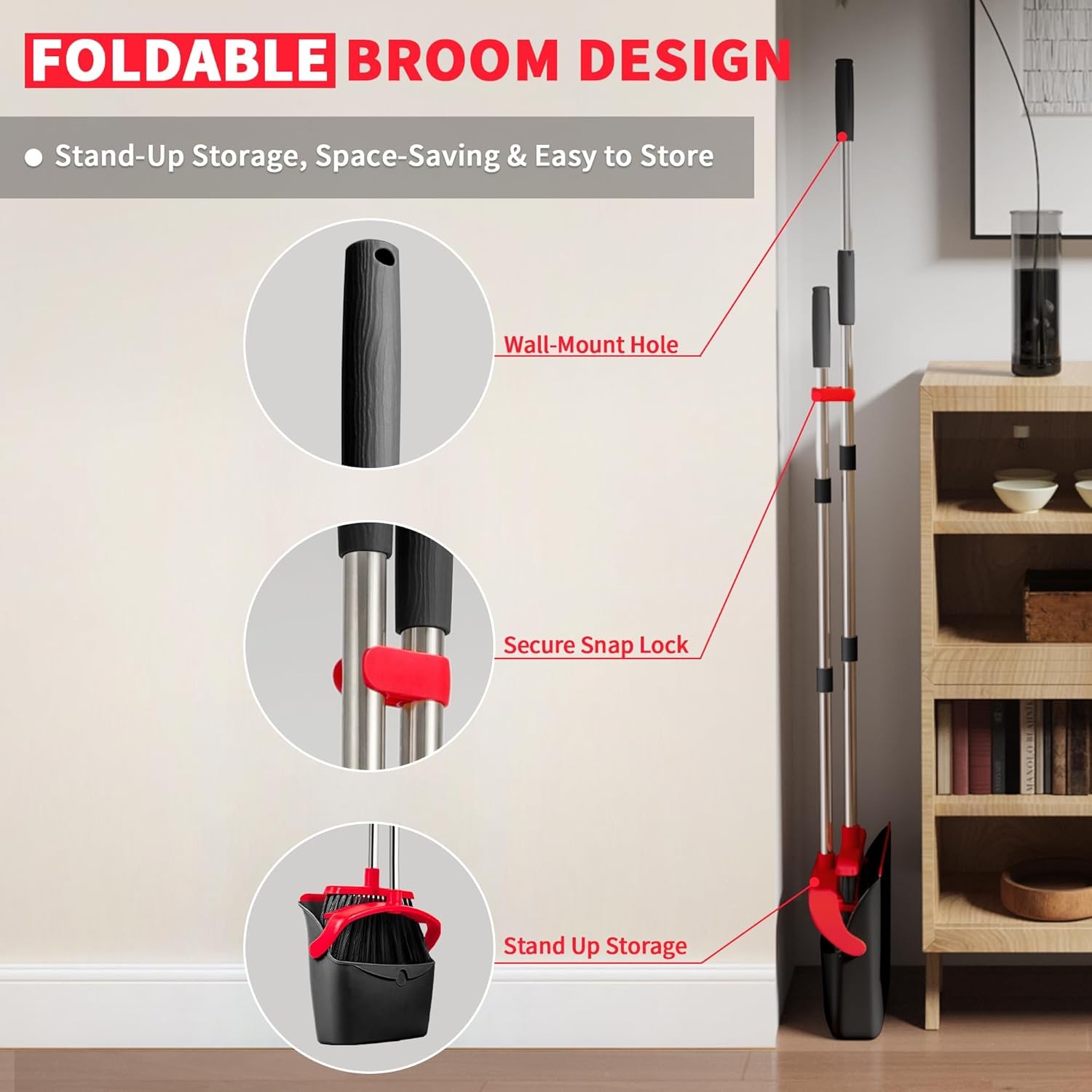 Upgraded Broom and Dustpan Set, Long Handle Standing bo with