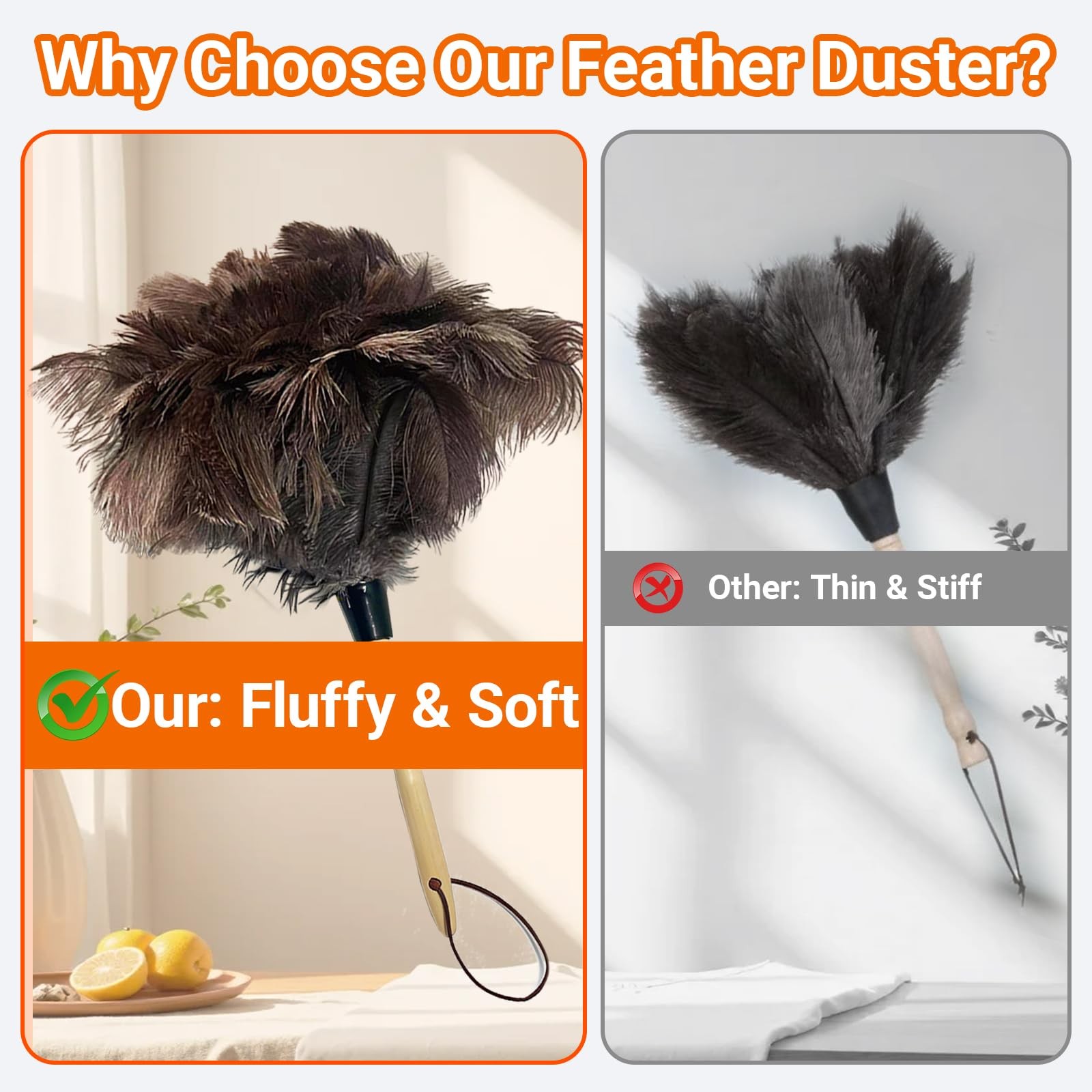 NCEDN Genuine Ostrich Feather Duster 15 inches – Soft Dense Real Feathers, Wo…