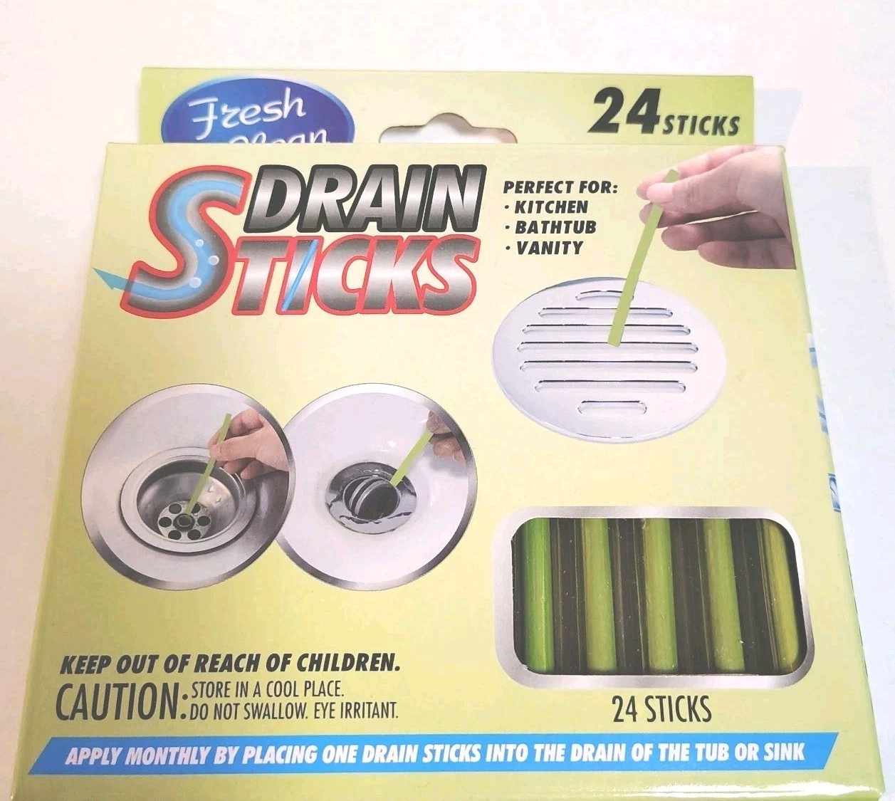 Fresh & Clean Drain Sticks – Lemon – 24 Sticks, Yellow