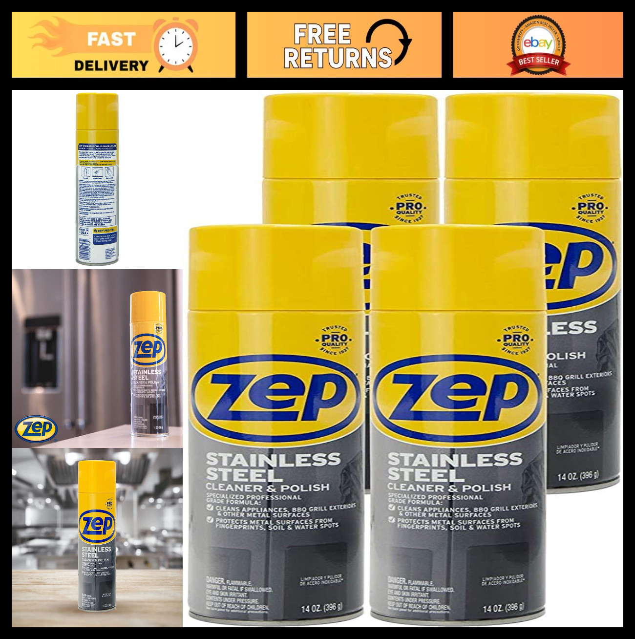 Stainless Steel Cleaner & Polish 14oz – Case of 4 – Protects Metal Surfaces, No