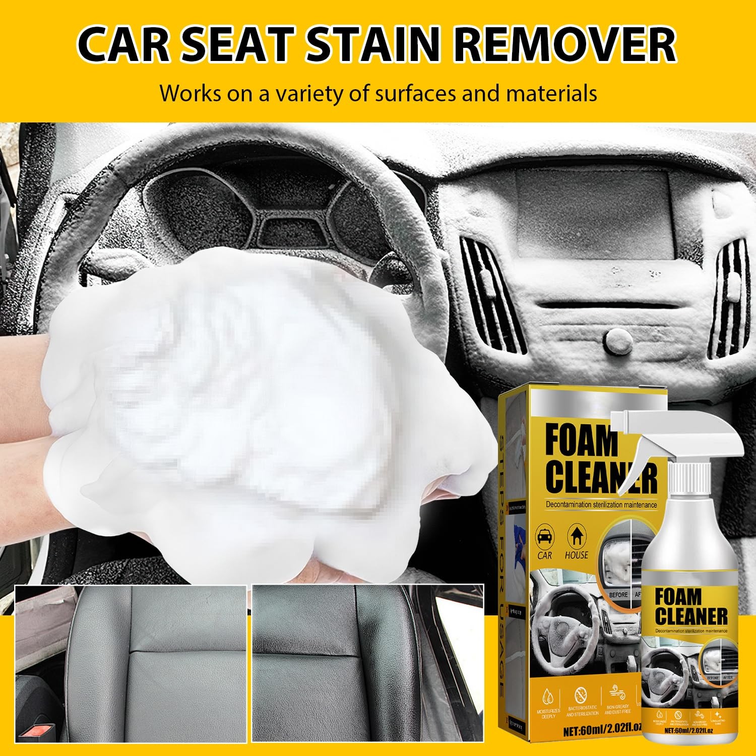 Multi Purpose Foam Cleaner for Car Interior Seats and Stain Removal