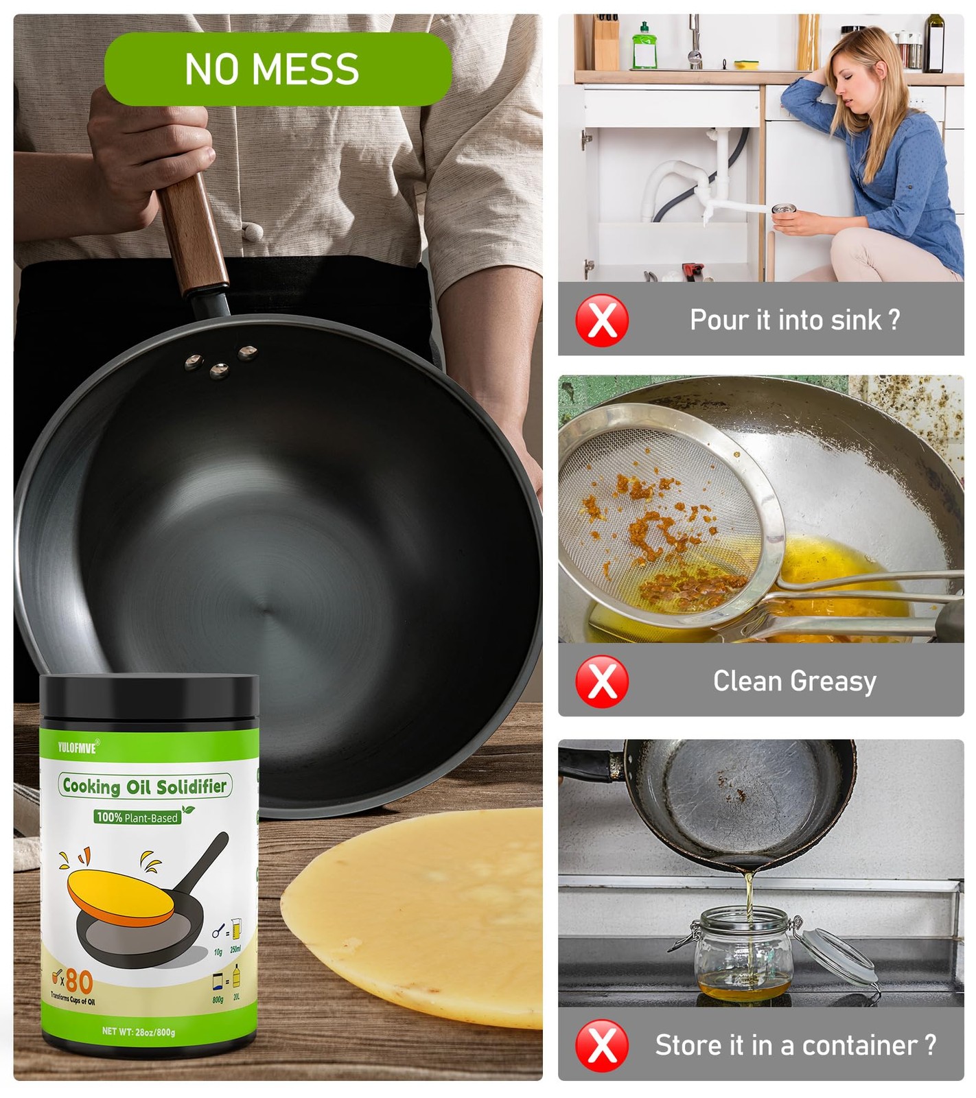 YULOFMVE Cooking Oil Solidifier Powder, Solidifies Up to 80 Cups from Mess, 1…