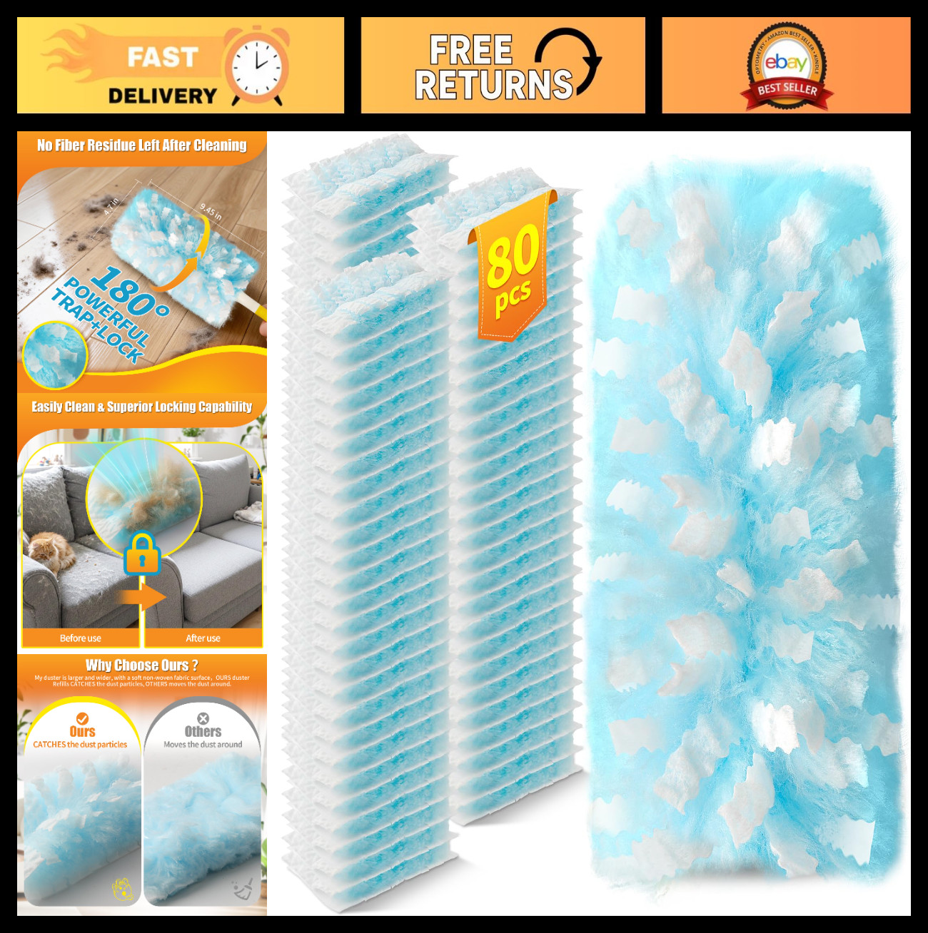 80 Count Microfiber Duster Refills for Swiffer, 180° Multi-Surface Cleaning, Uns