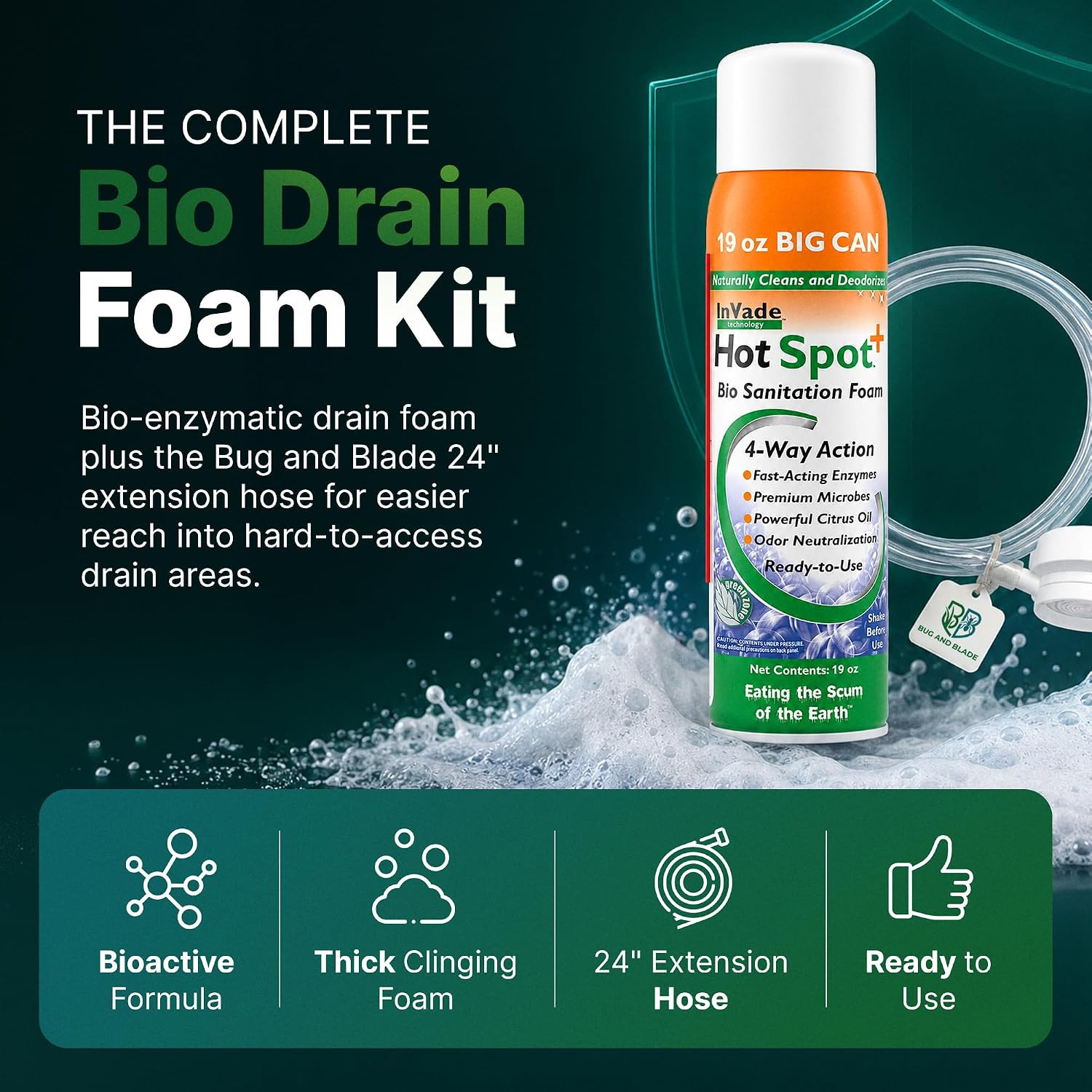 Bundle – Invade Hot Spot+ Bio-Enzyme Foam (19 Oz) with 24-Inch Extension Hose,
