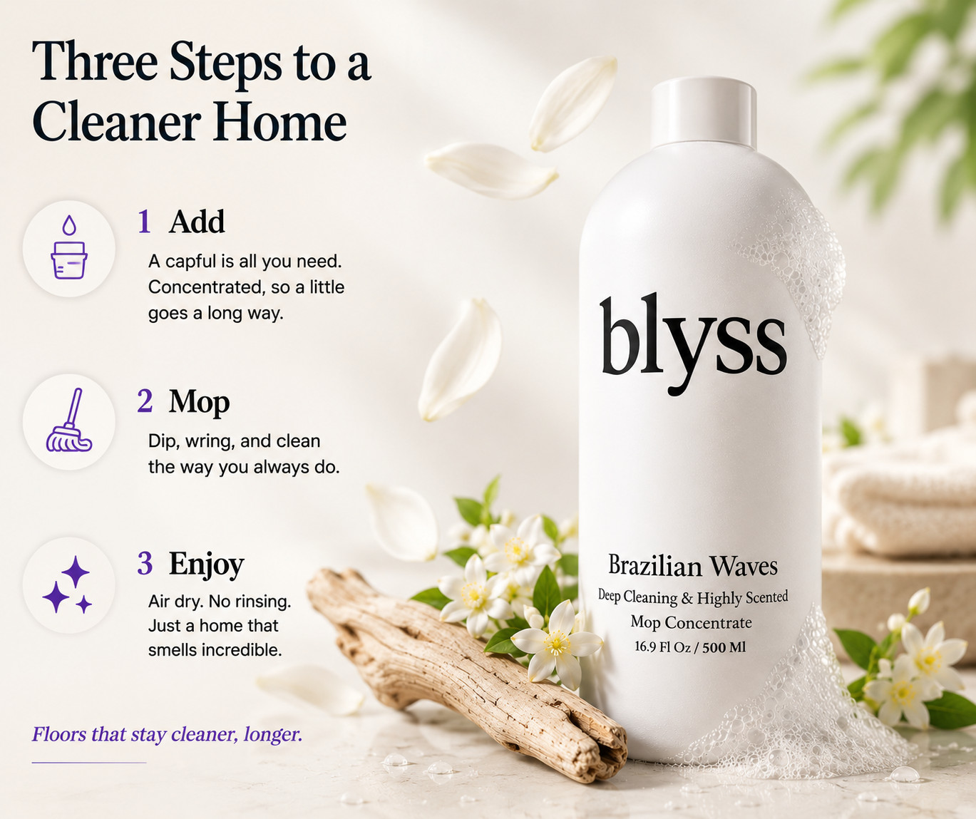 Blyss Brazilian Waves Mop Soap Concentrate 16.9 oz 500ml Hard Floor Cleaner