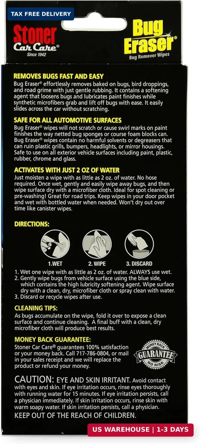 Stoner Car Care 95401 Bug Eraser Car Cleaning Wipes, Removes Bugs Fast and Easy,