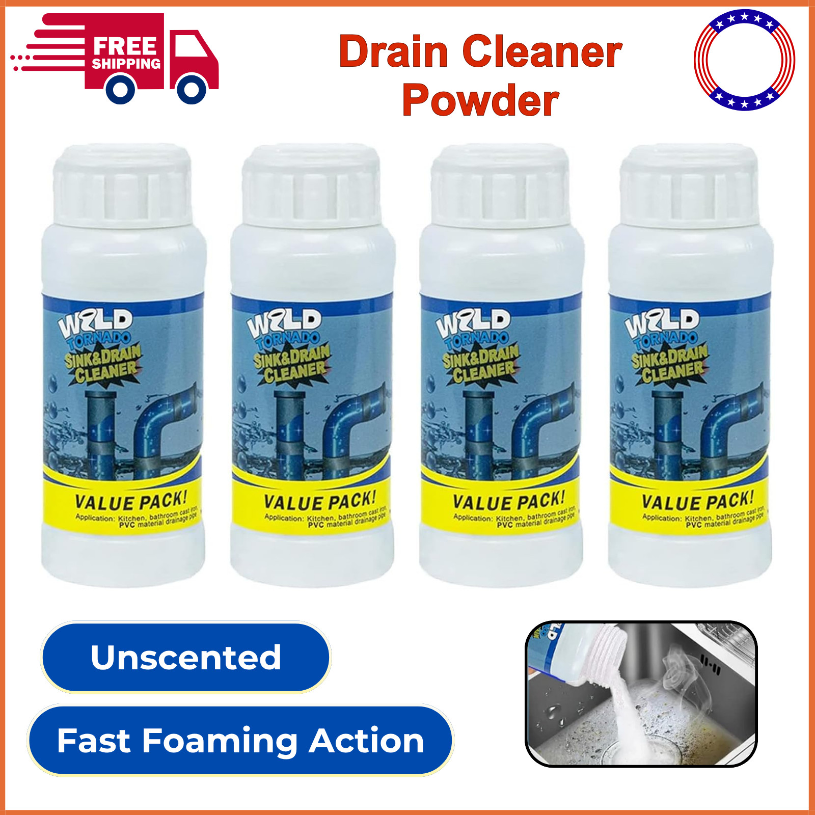 Wild Tornado Pipe Dredge, Powerful Sink& Drain Cleaner Powder,Fast Foaming Drain