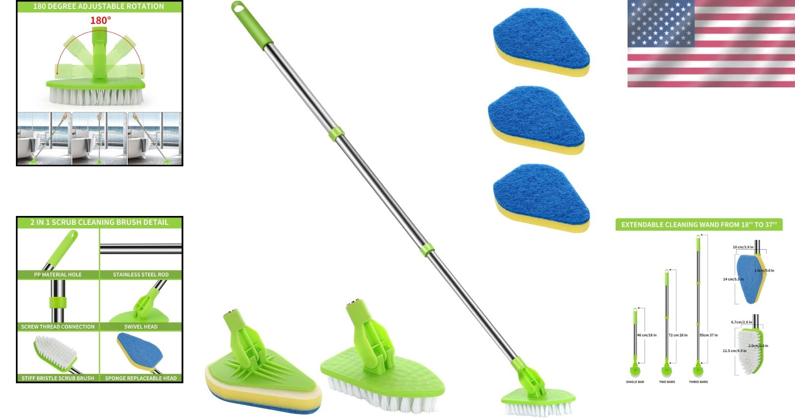 Lightweight 37” Cleaning Brush with Stiff Bristles & Sponge – Versatile Use