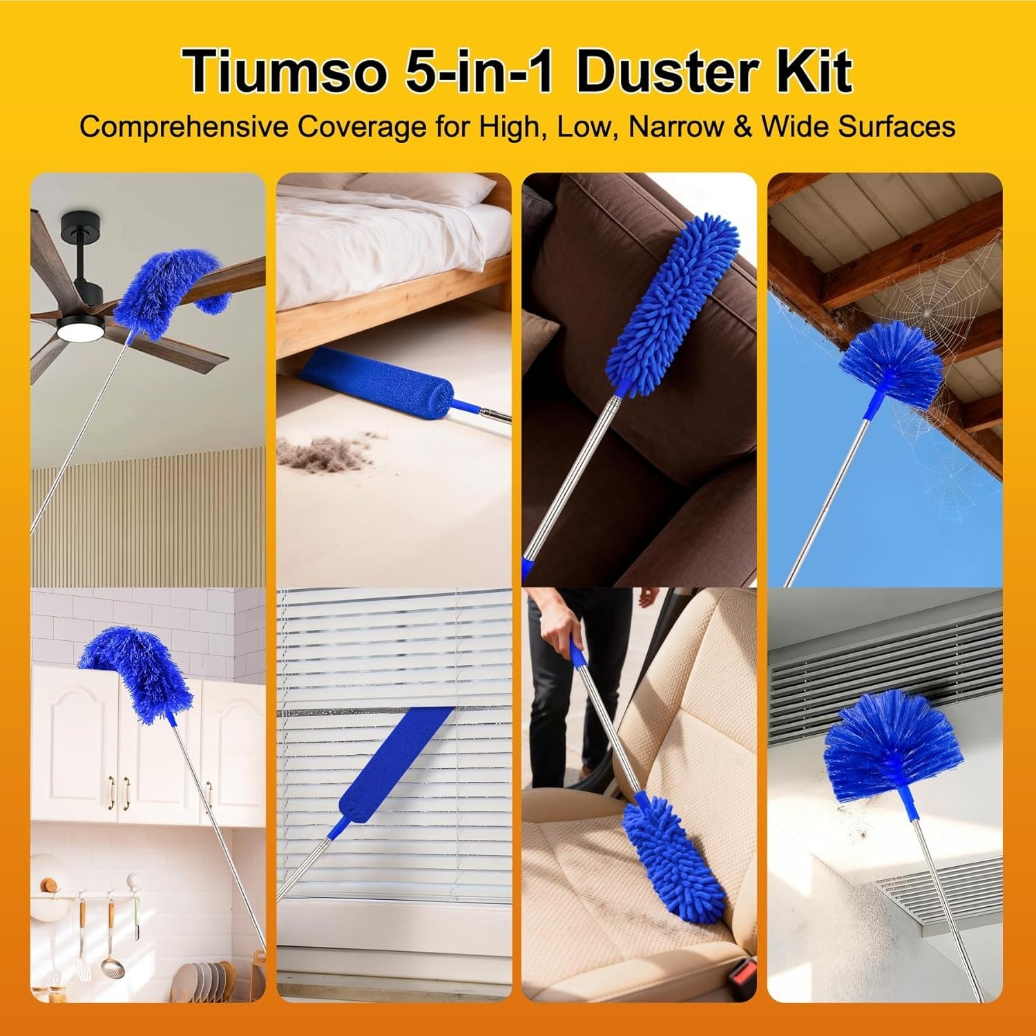 5-in-1 Microfiber Feather Duster Kit, 100-Inch Extendable for Safe High Cleaning
