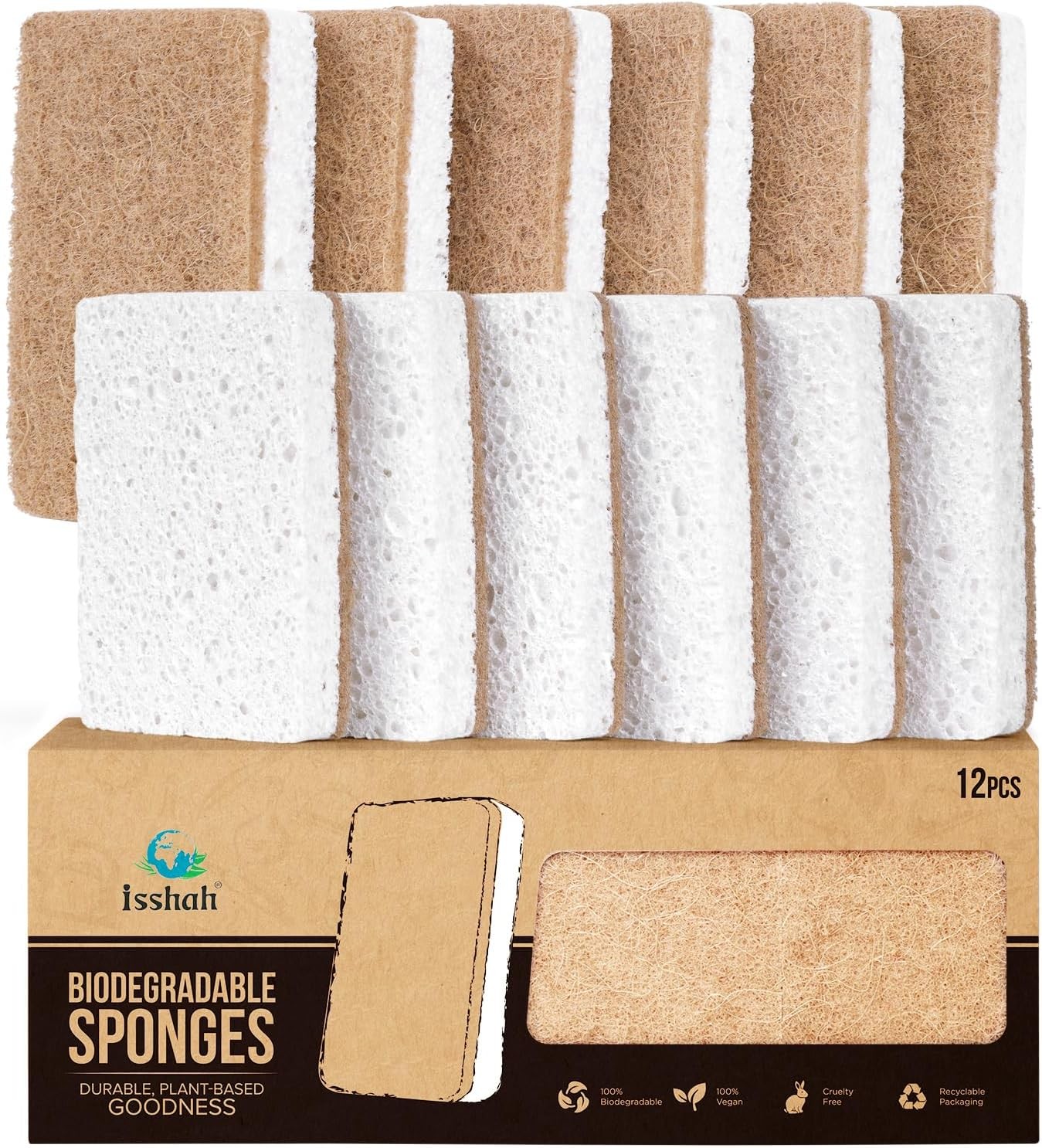 Isshah Plant-Based Kitchen Sponges, Eco-Friendly Sisal Hemp Scrubbers, 12 Count