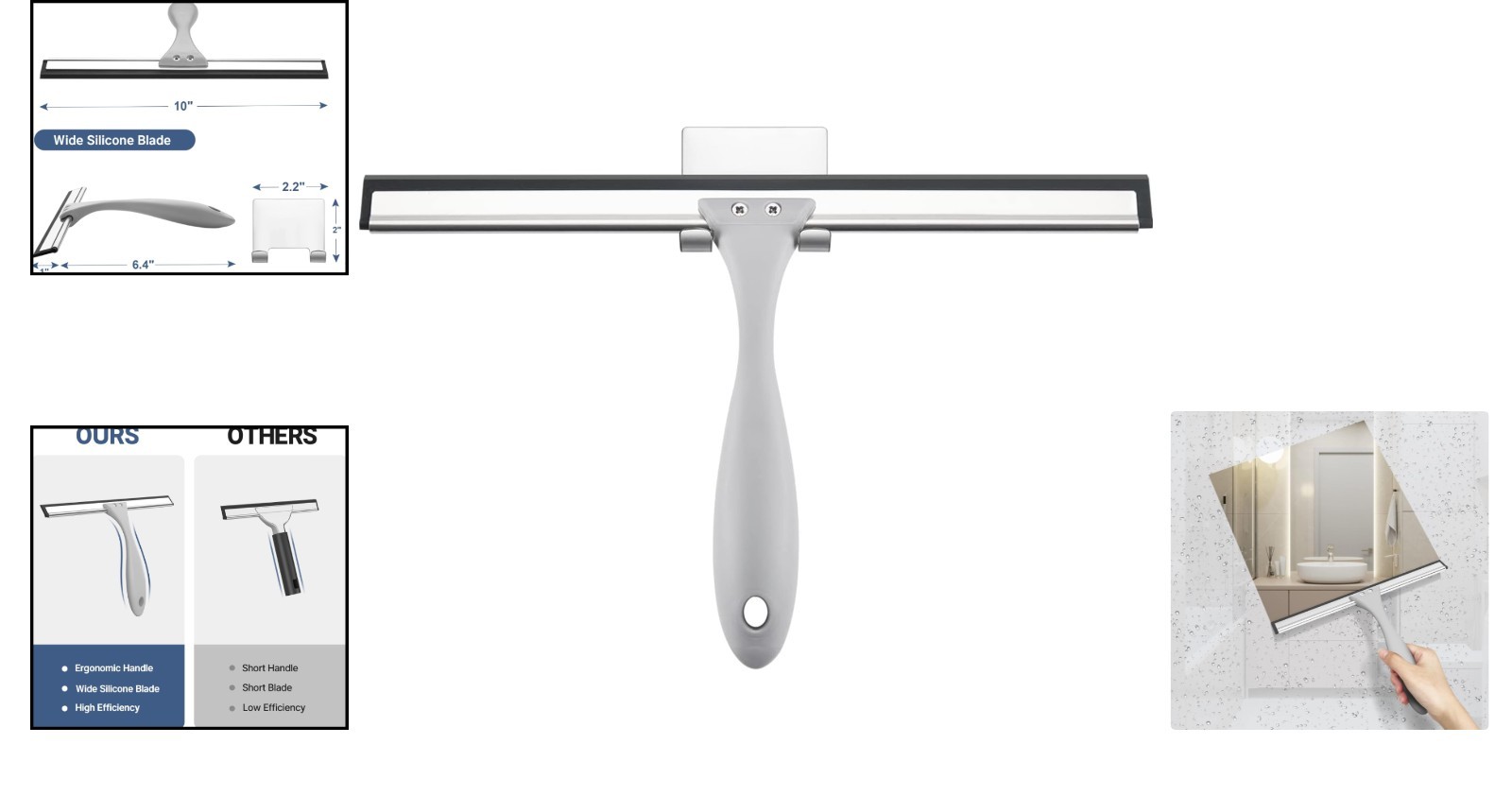 All-Purpose 10 Inch Shower Squeegee with Hook for Glass Mirrors Windows