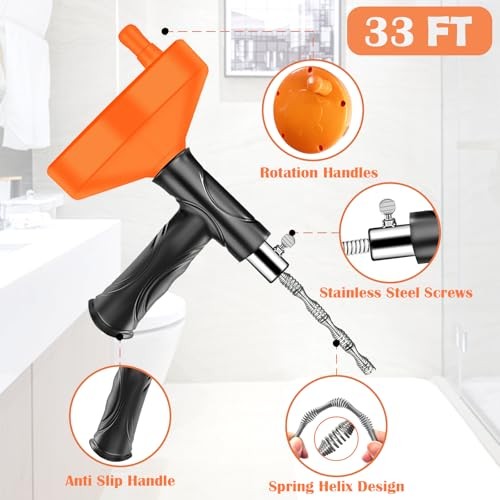 33 Ft Drain Snake Auger, Heavy Duty Plumbing Snake for Sink, Tub, and 33 Feet