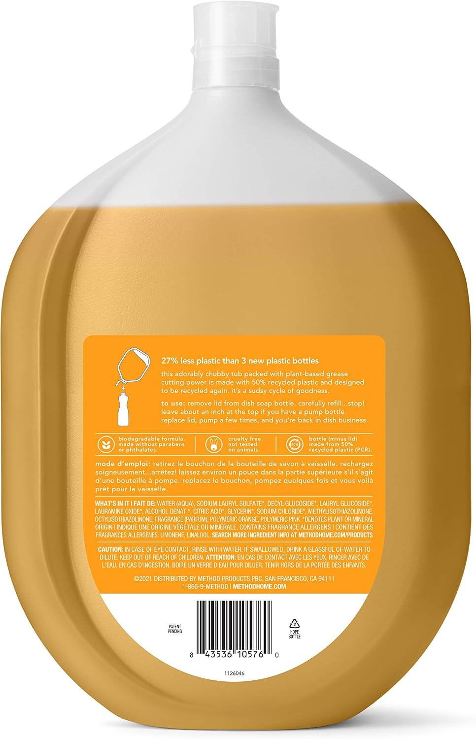 Method Gel Dish Soap Refill, Clementine Scent, Powerful Cleaning Formula, Large