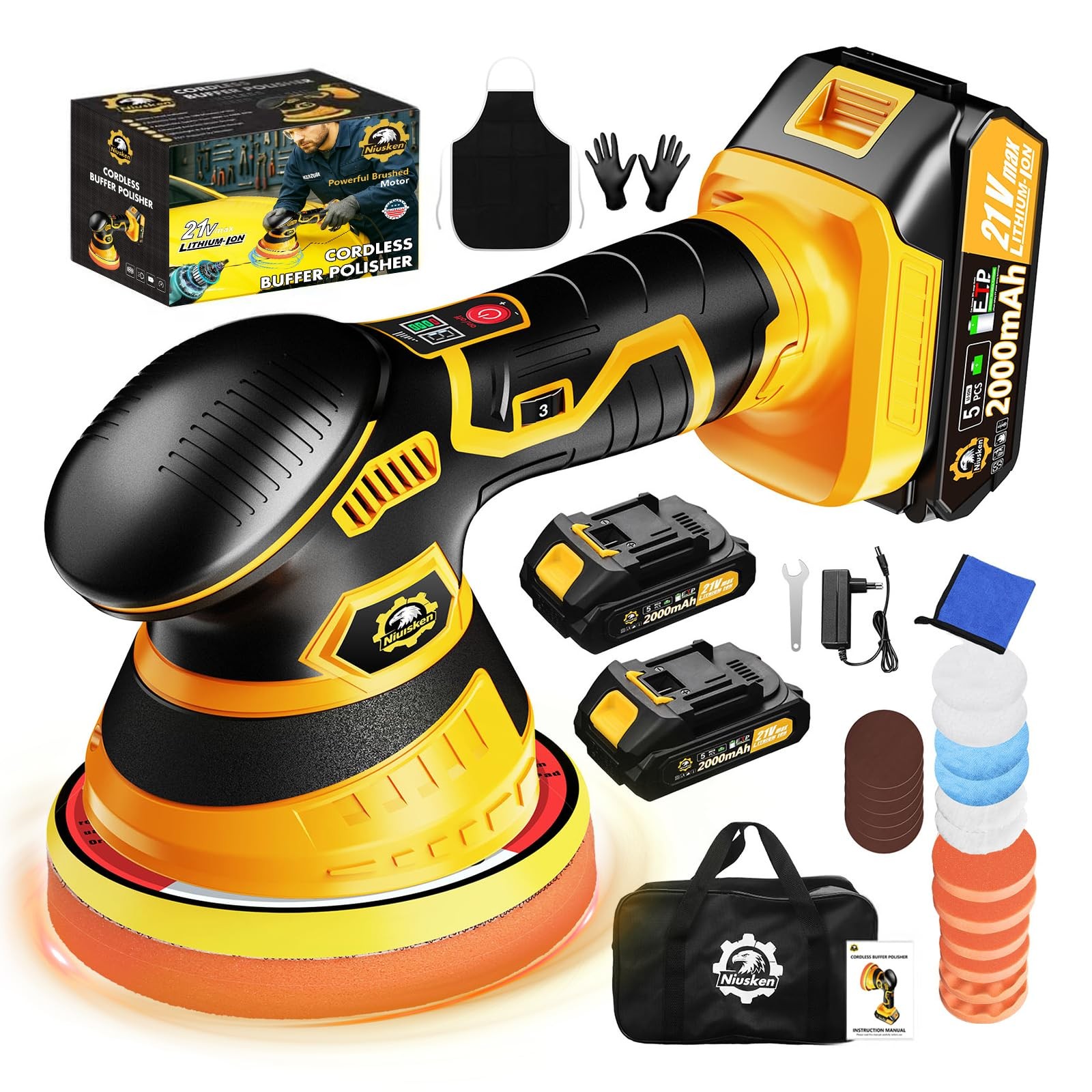 Niusken Cordless Car Buffer Polisher kit [2x 2000mAh 21V Batteries & 18 PCS A…