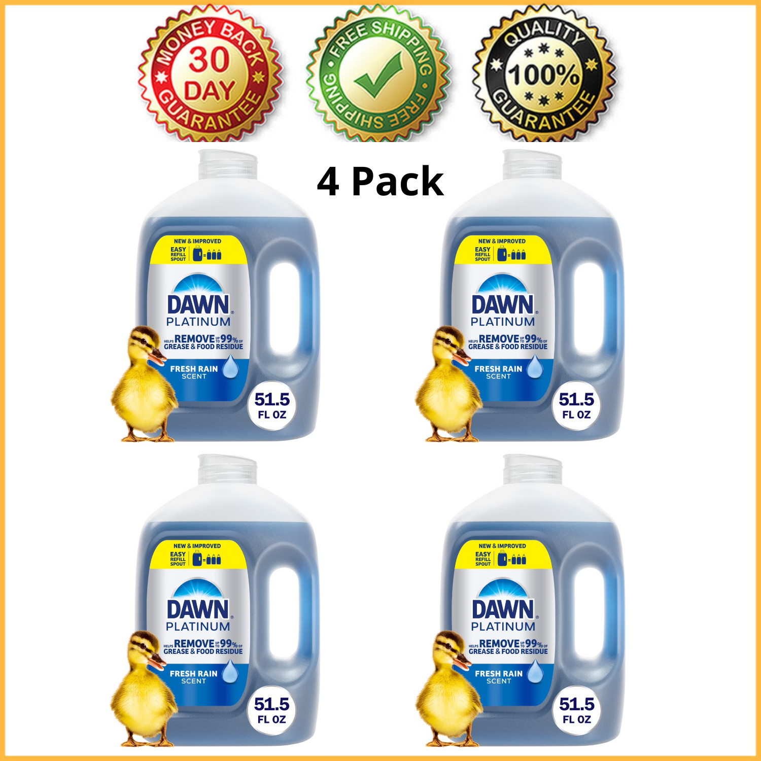 (4 Pack) Dawn Platinum, Refill Jug Dish Soap Fresh Rain, 51.5oz