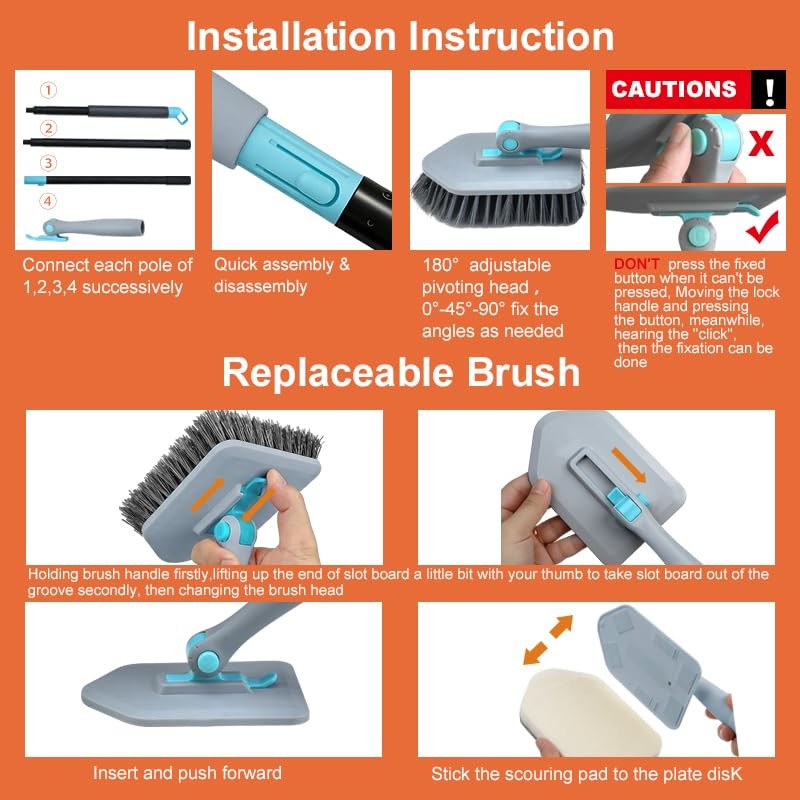 Long Handled Scrub Brush for Shower,3-in-1 Cleaning Brushes with 3 Different …