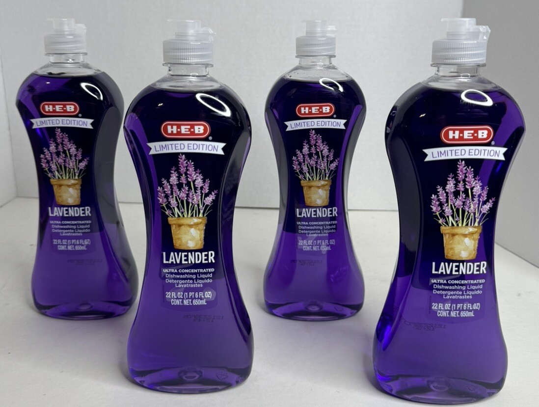 New H-E-B Limited Edition Lavender Dish washing Liquid Soap 22 Fl Oz (Lot of 4)