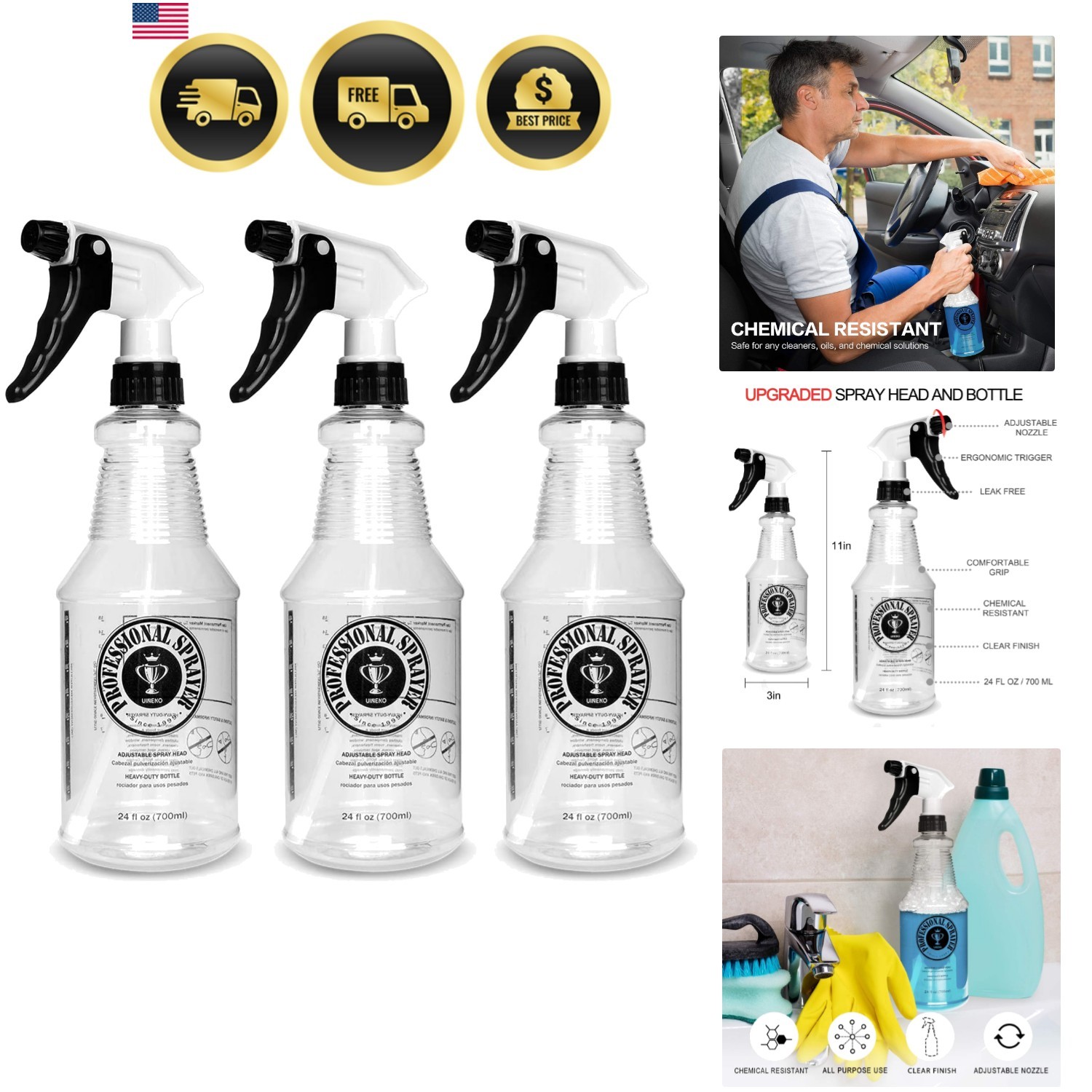 Plastic Spray Bottle 24oz 3 Pack for Cleaning Solutions, Car Detailing Care, …