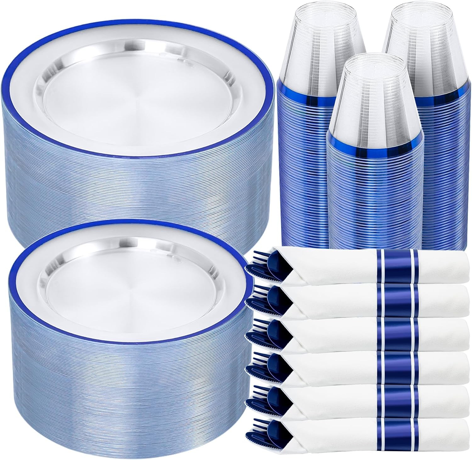 350 PCS Dark Blue Plastic Dinnerware Set for Party, Clear Disposable Plates fo
