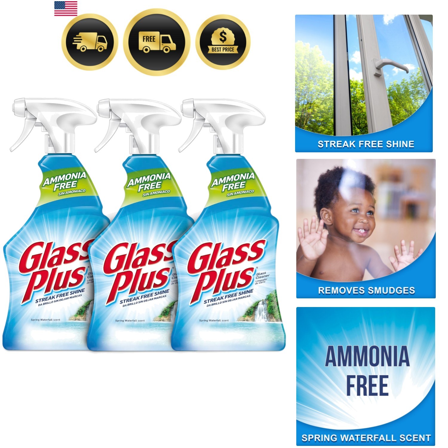 Glass Cleaner, 32 fl oz Bottle, Multi-Surface Glass Cleaner Pack of 3