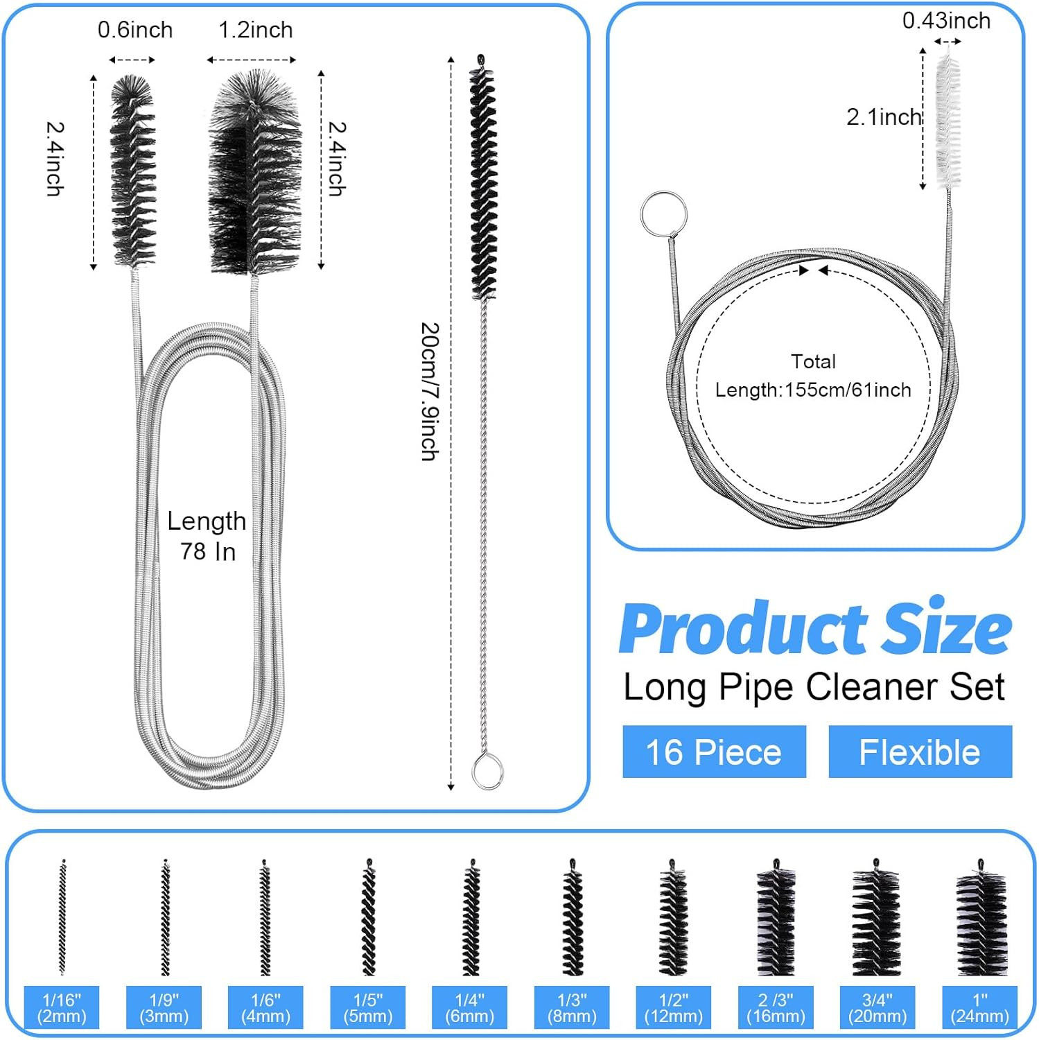 16Pcs Long Tube Cleaner Set, Extra Long Hose Cleaning Brush, Pipe Cleaning Brush