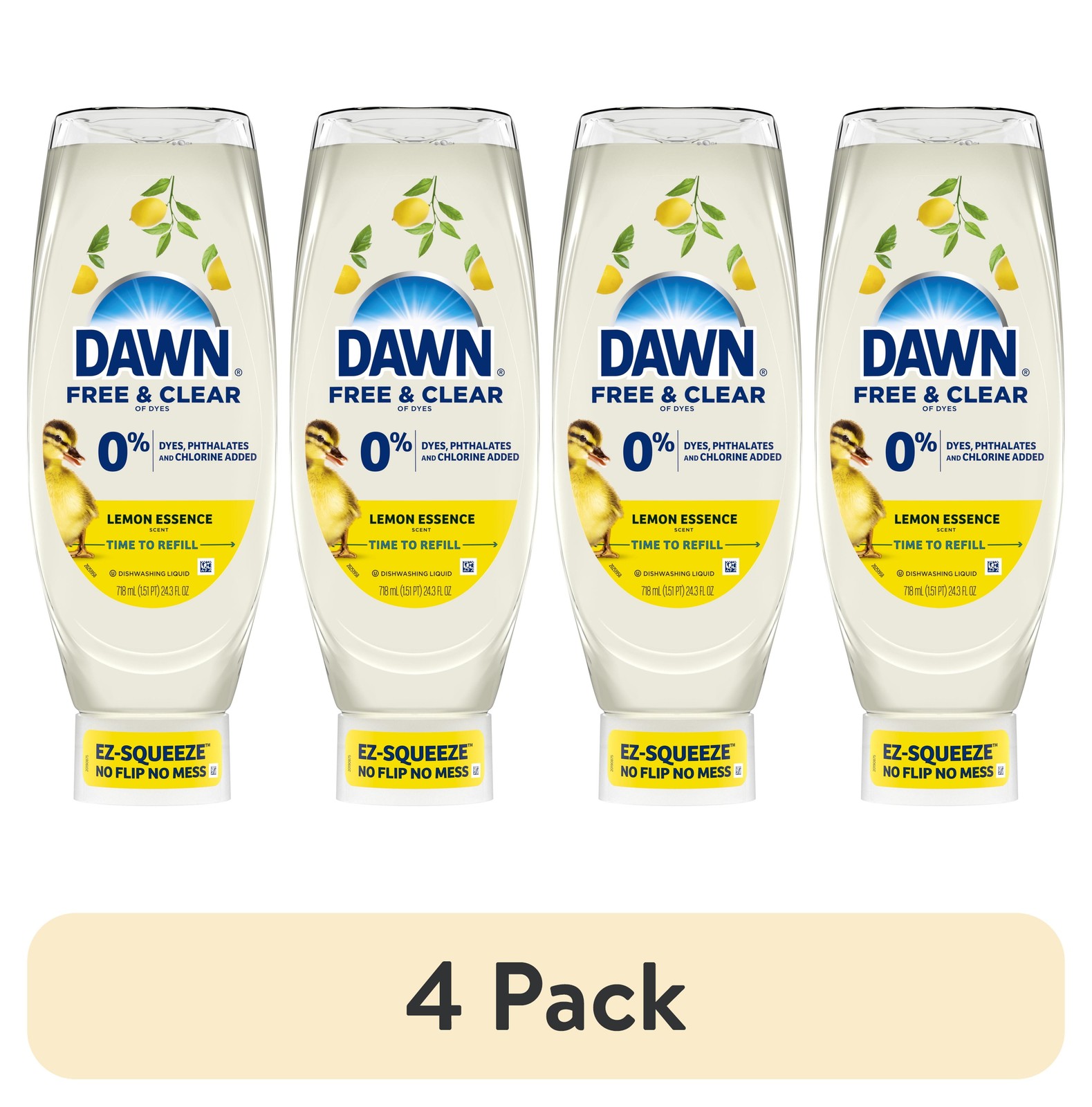 (4 pack) Dawn Free & Clear EZ-Squeeze Dish Soap, Lemon, 24.3 fl oz