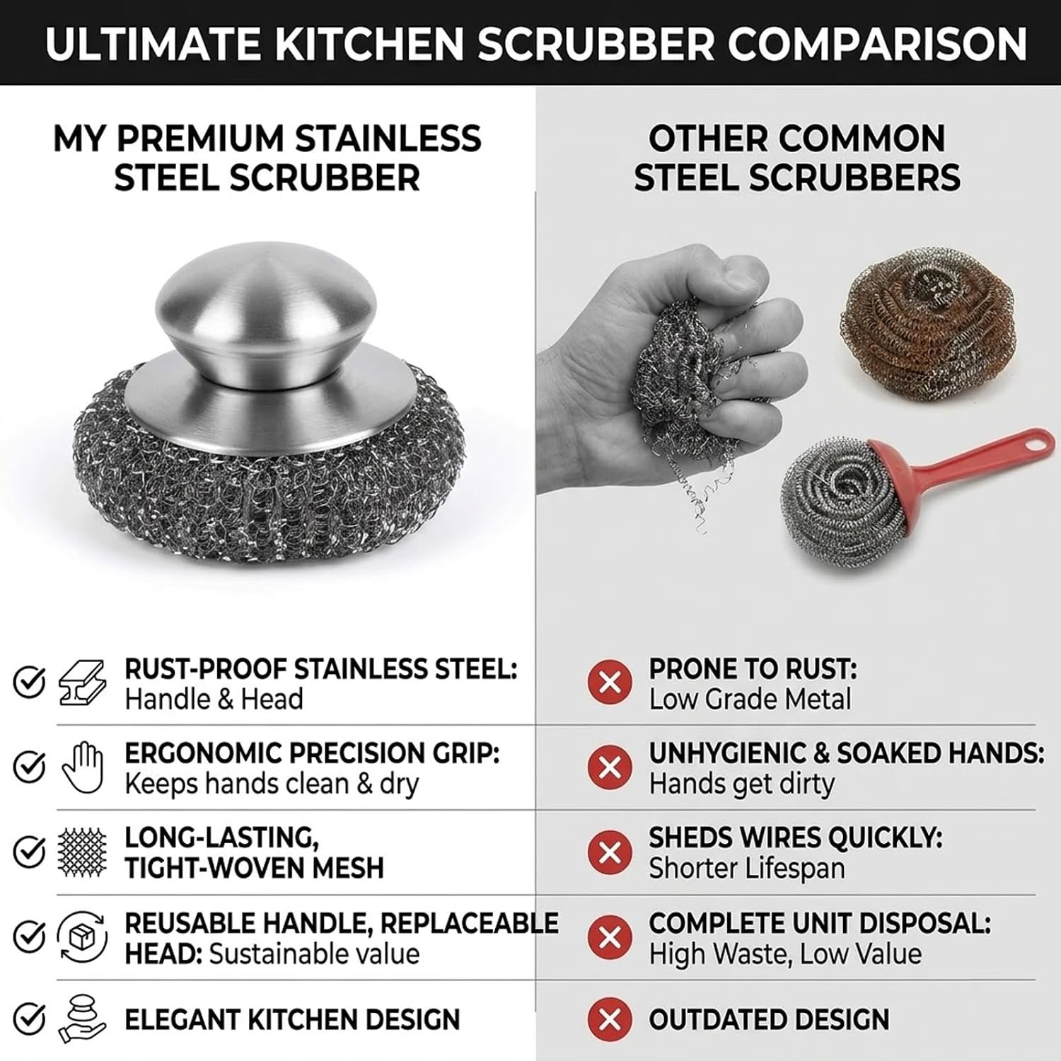 Steel Wool Scrubber, 8-Pack Stainless Steel Scrubber Pads with Handle – the Ulti
