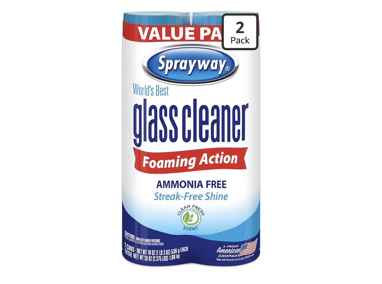 Sprayway 2 Pack Glass Cleaner Foaming Ammonia Free Streak-Free Shine 19 oz